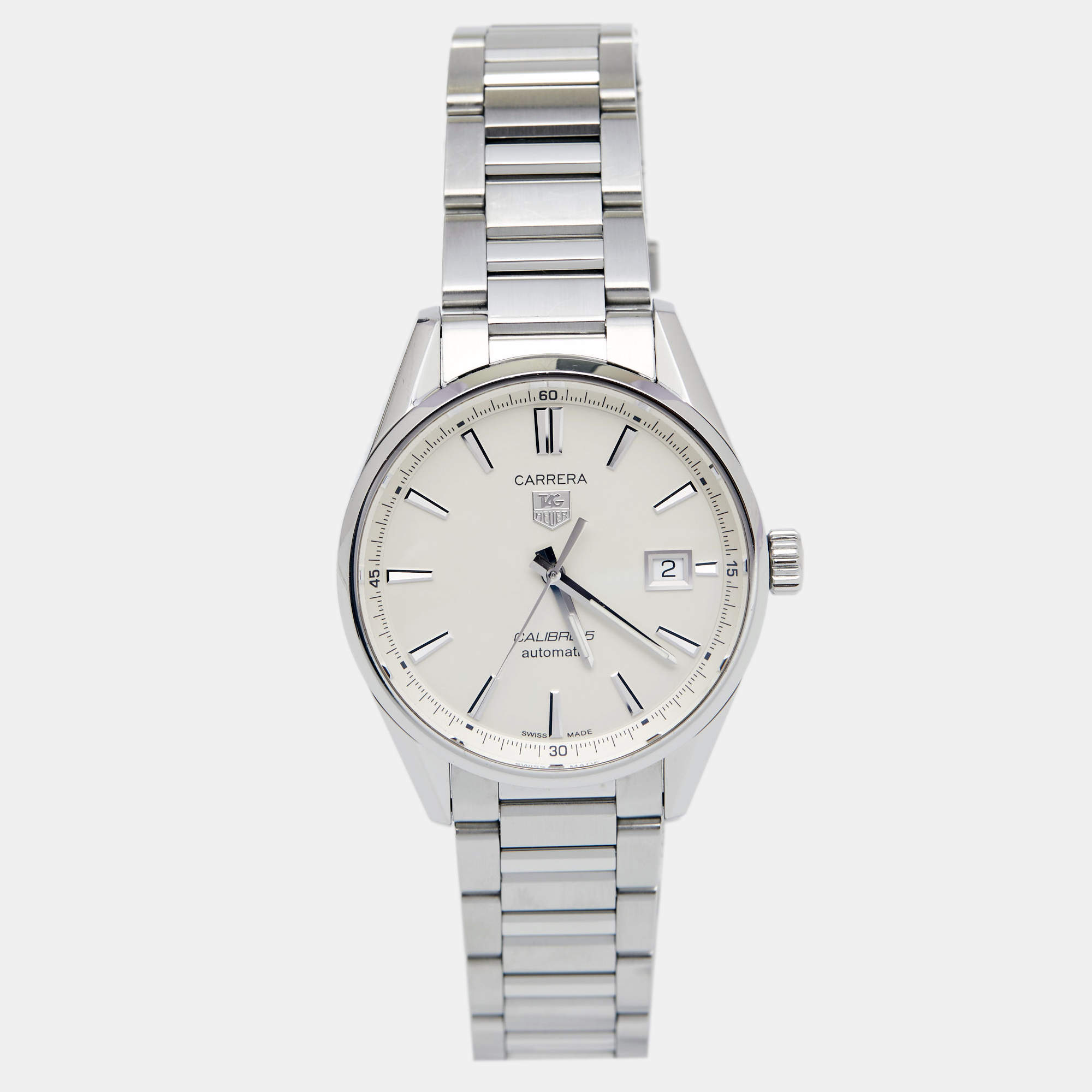 Pre Owned TAG Heuer Silver Stainless Steel Carrera Calibre 5 WAR211B Men's Wristwatch 39 mm