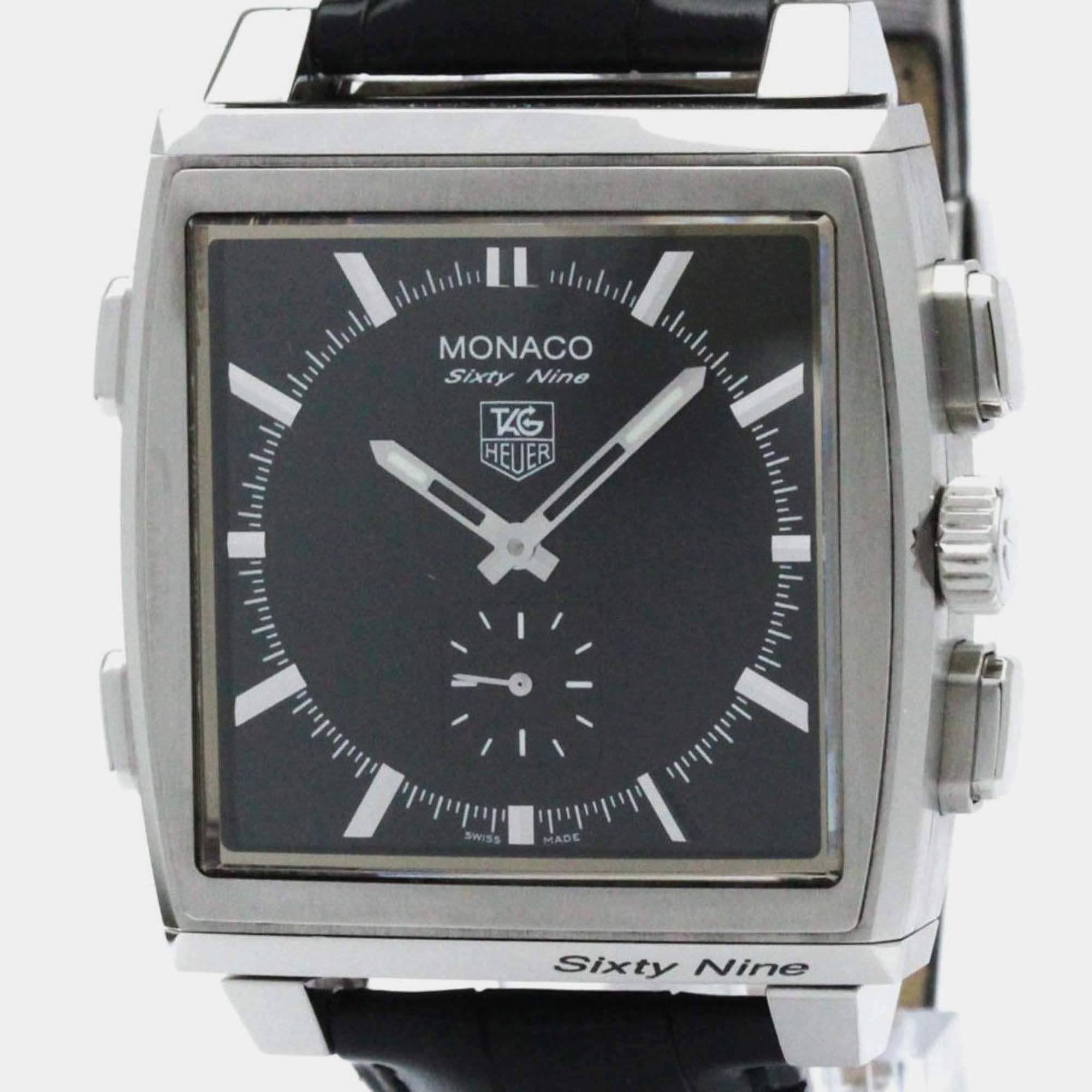 Pre Owned Tag Heuer Black Stainless Steel Monaco CW9110 Manual Winding Men's Wristwatch 40 mm