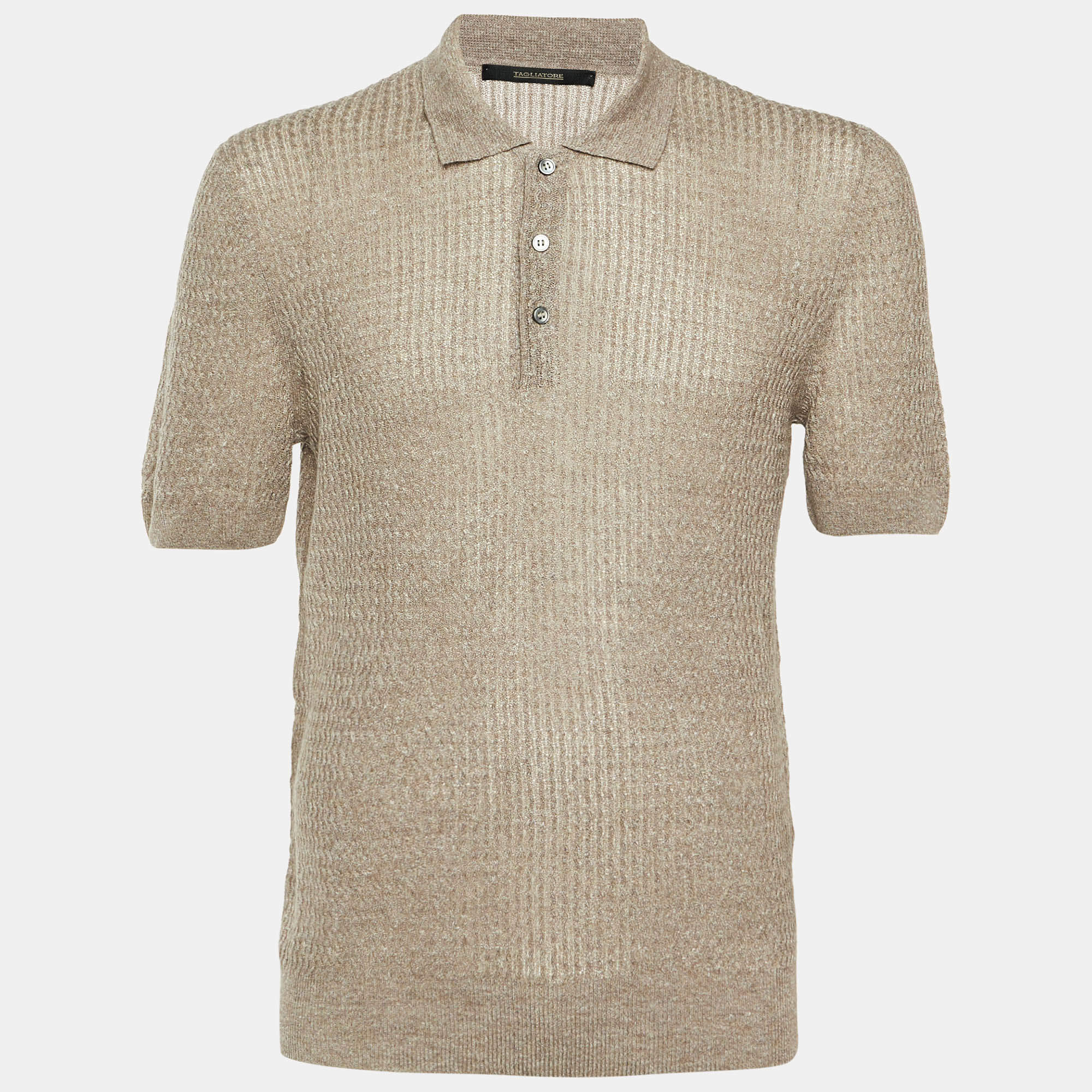 مملوكة مسبقًا Tagliatore Brown Wavy Linen & Cotton Knit Polo T-Shirt L