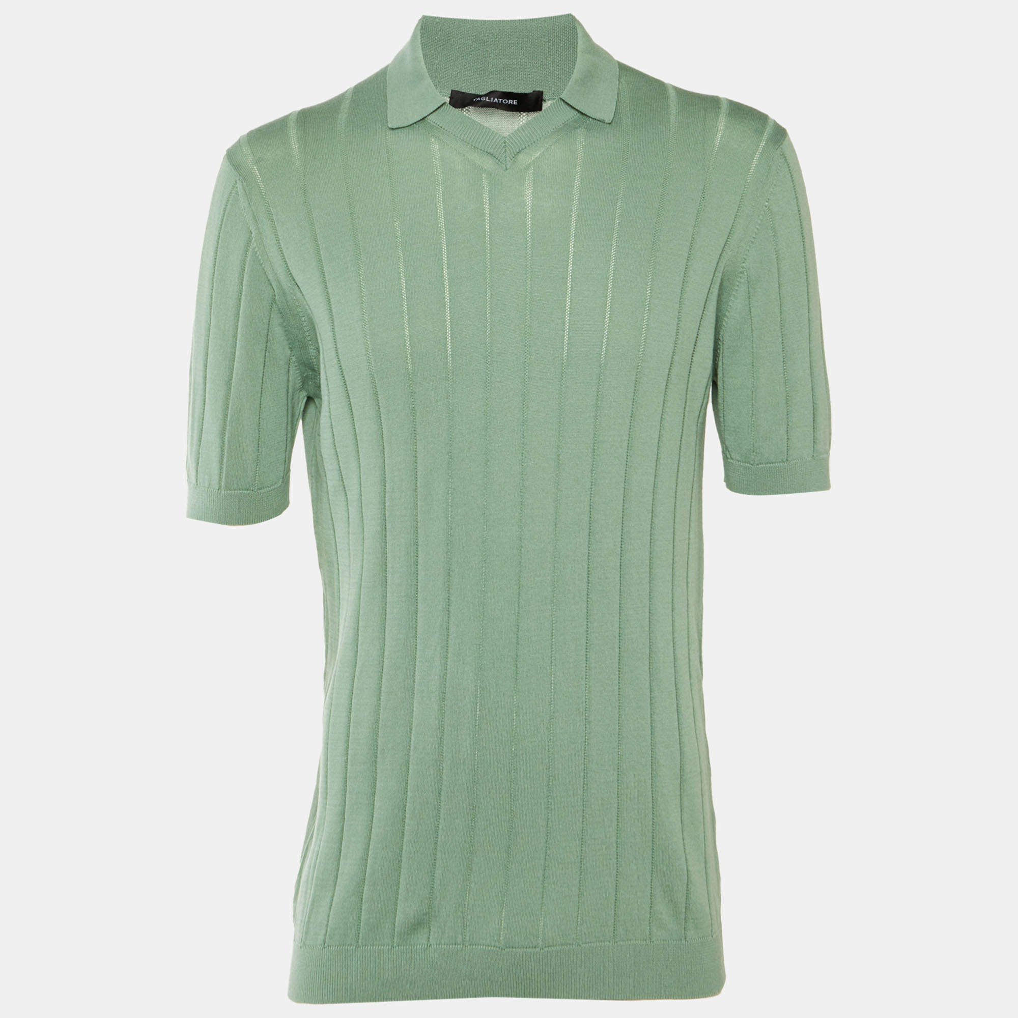 Pre Owned تيشيرت تاجلياتوري أخضر مائل للبني مخطط محبوك جود مقاس كبير