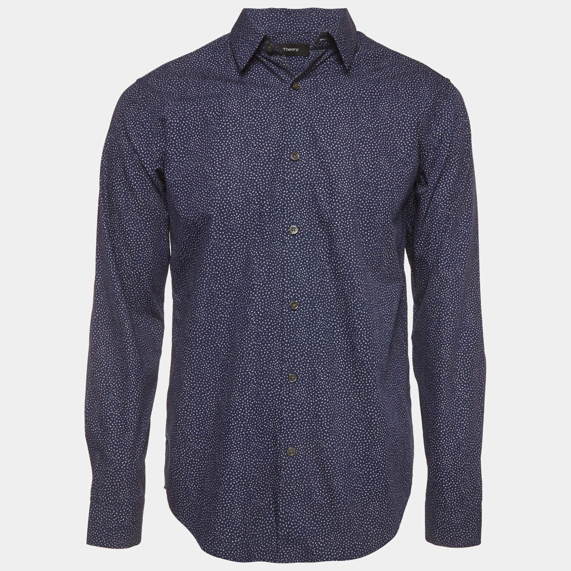 Pre Owned Theory Navy Blue Speck Print Cotton Irving Button Up Shirt M