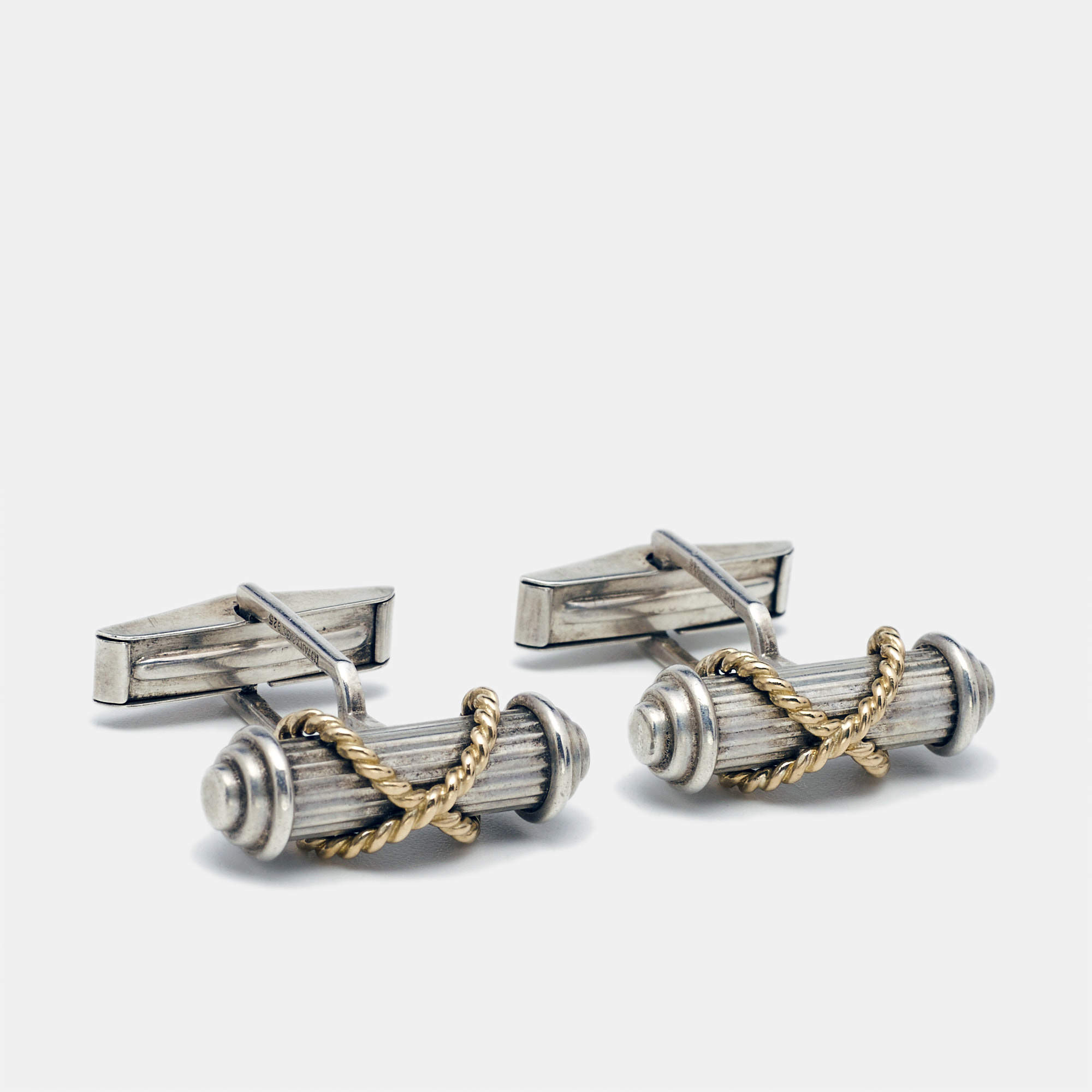 Pre Owned Tiffany & Co. Vintage Cable 18k Yellow Gold Sterling Silver Cufflinks