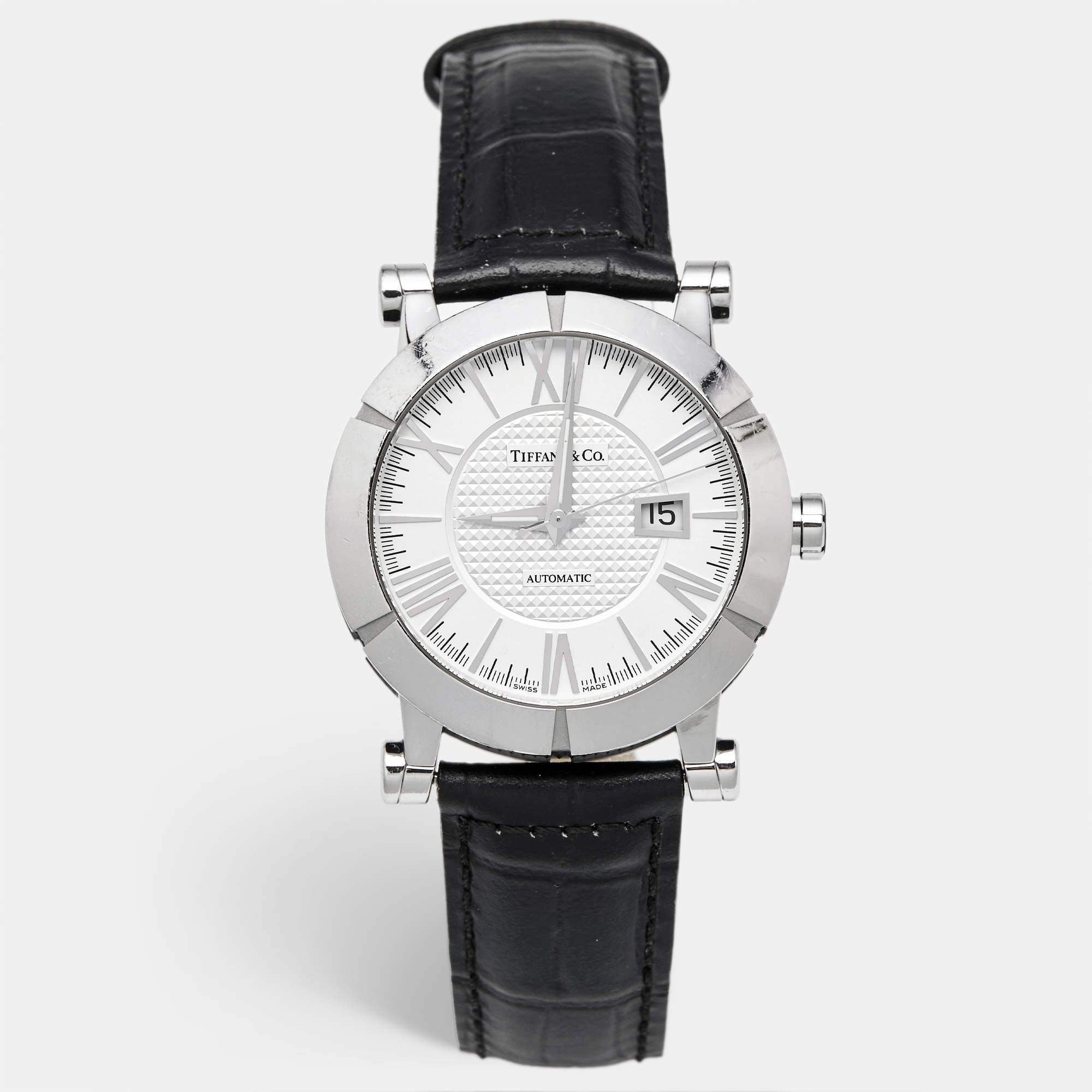 Pre Owned Tiffany & Co. Atlas Z1000.70.12A21A00A Silver Dial Rubber Leather Men's Wristwatch 42 mm