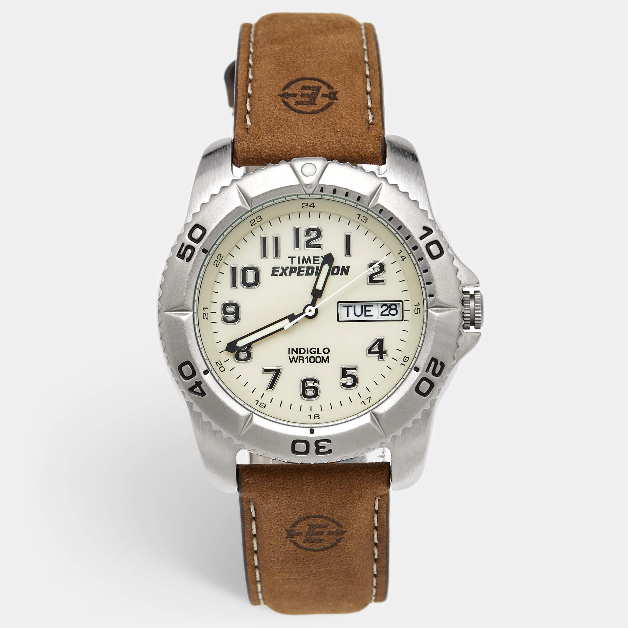Pre Owned Timex Expedition T46681 Indiglo/Luminous Green Dial Stainless Steel Leather Men's Wristwatch 40 mm