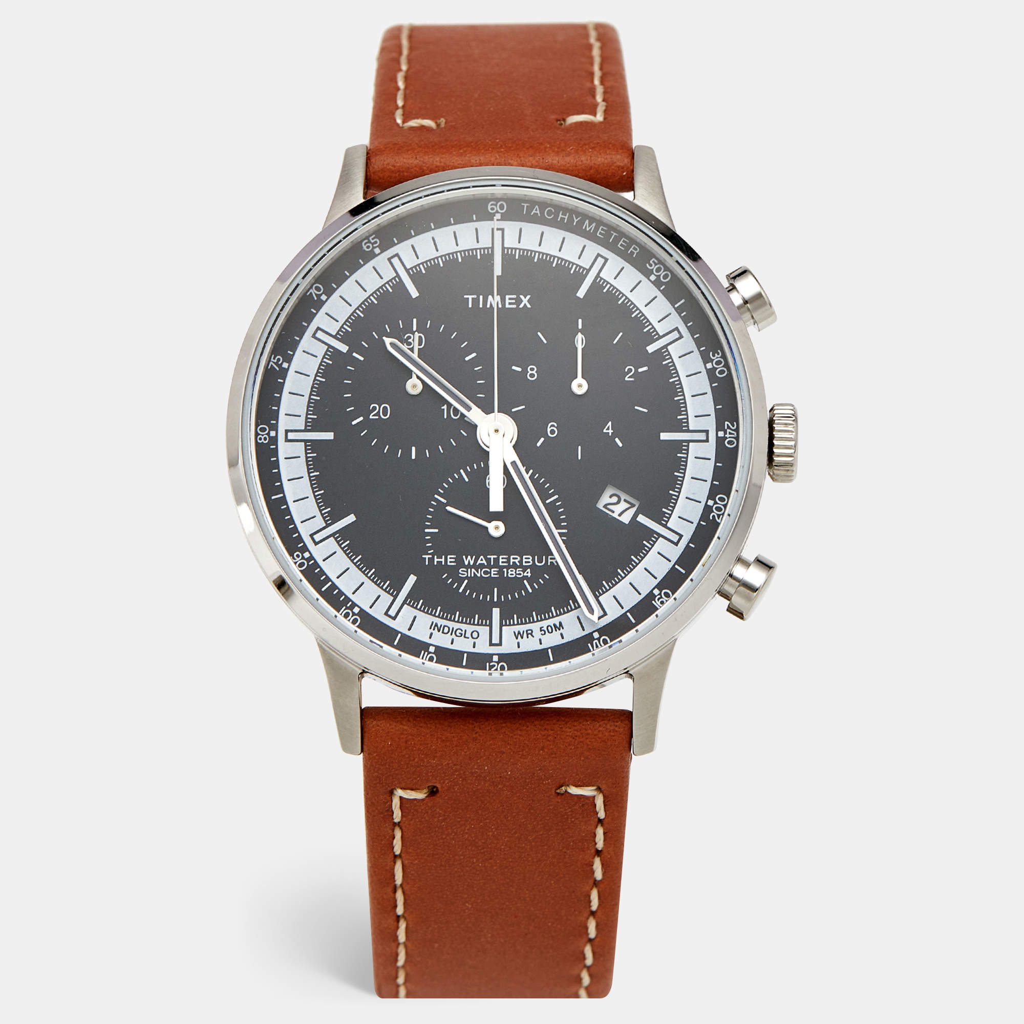 Pre Owned Timex The Waterbury Indiglo TW2V30800 Gray Dial Stainless Steel Leather Men's Wristwatch 40 mm