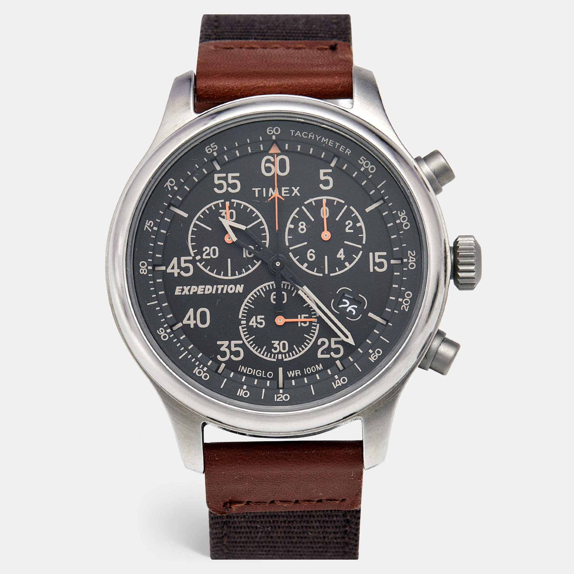 Pre Owned Timex Expedition Indiglo TW4B26800 Gray Dial Brass Fabric Leather Men's Wristwatch 43 mm