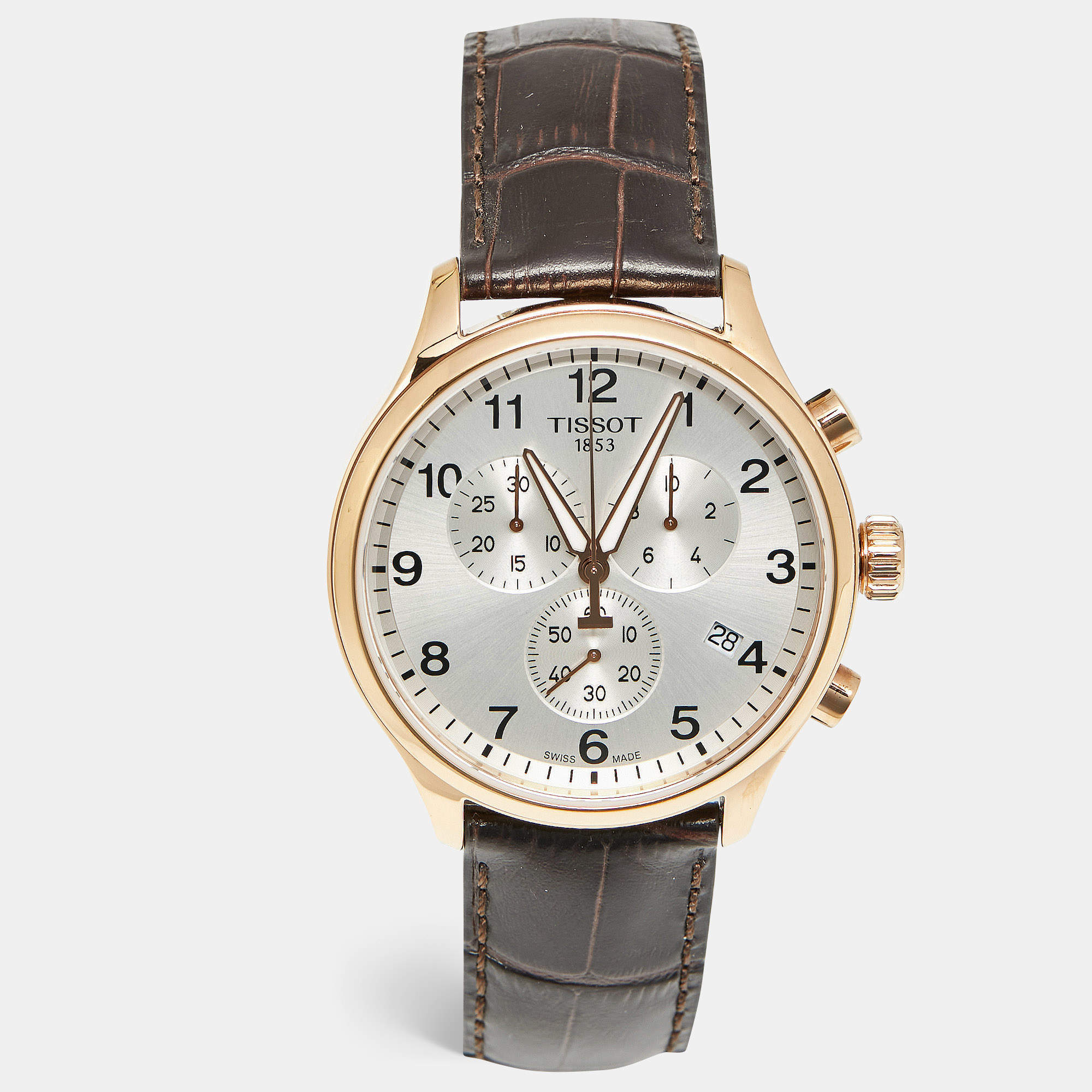 مملوكة مسبقًا ساعة يد رجالية تيسوت كرونو إكس إل كلاسيك T1166173603700 مينا فضي مغطى بـ PVD الورد الفولاذي المقاوم للصدأ جلد تمساح 45 مم