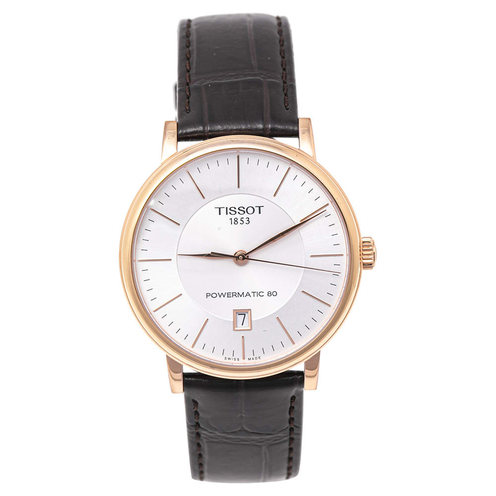 Pre Owned Tissot Silver Rose Gold Plated Stainless Steel Leather Caron Premium Powermatic 80 T122.407.36.031.00 Men's Wristwatch 40 mm