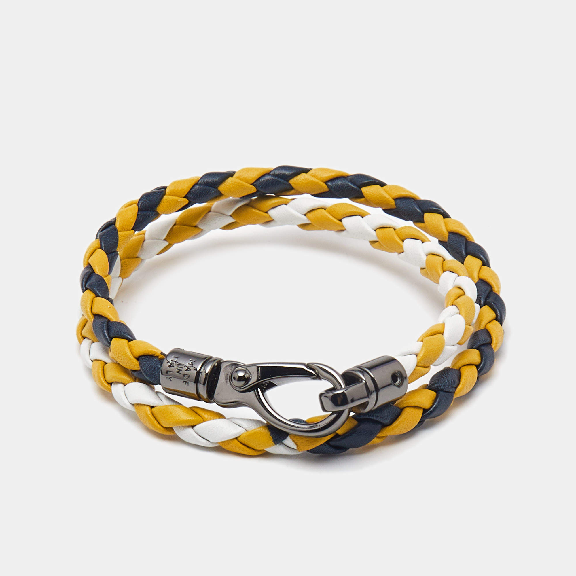 Pre Owned Tod's Mycolors Bicolor Braided Leather Gunmetal Tone Double Wrap Bracelet        