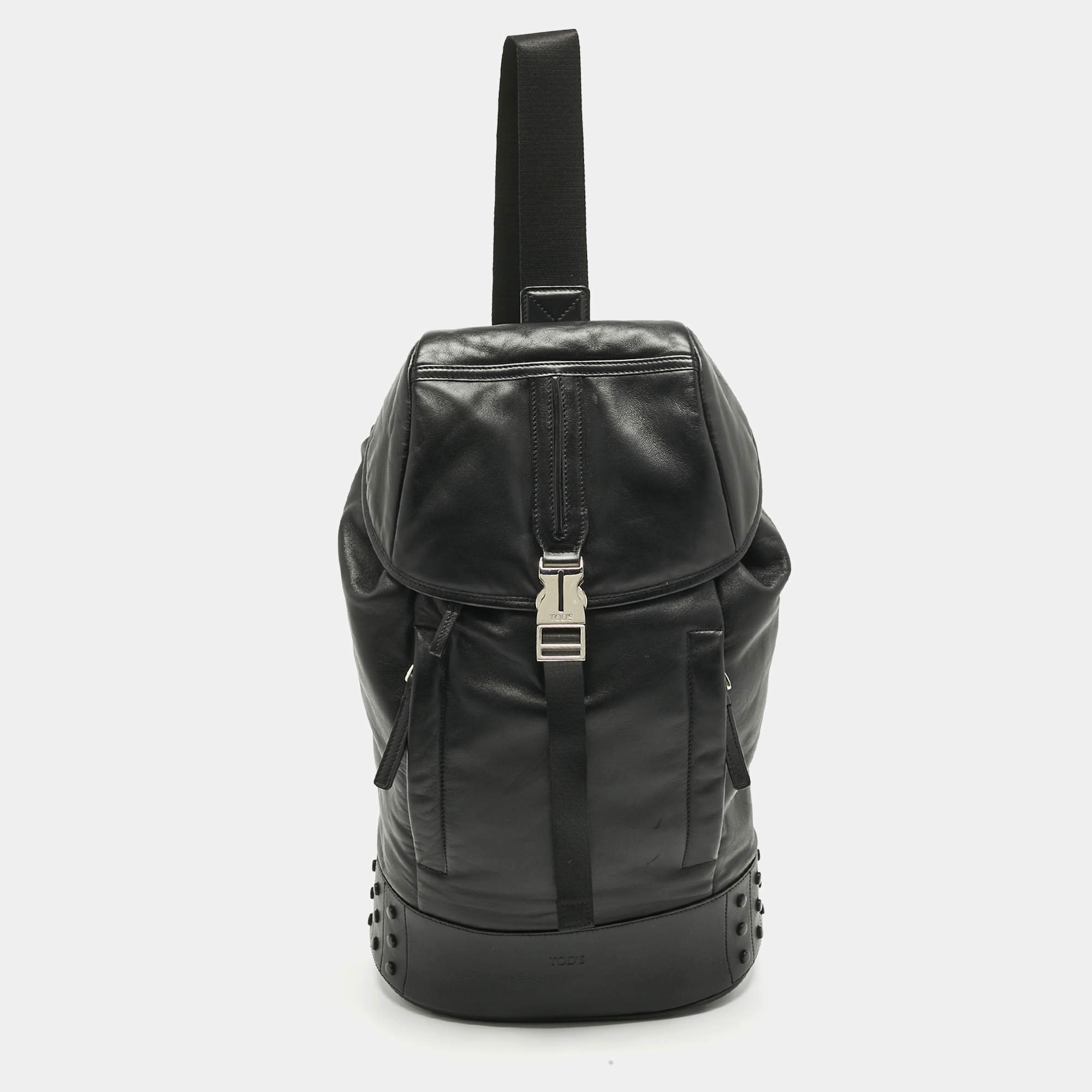 Pre Owned Tod's Black Leather Drawstring Flap Backpack