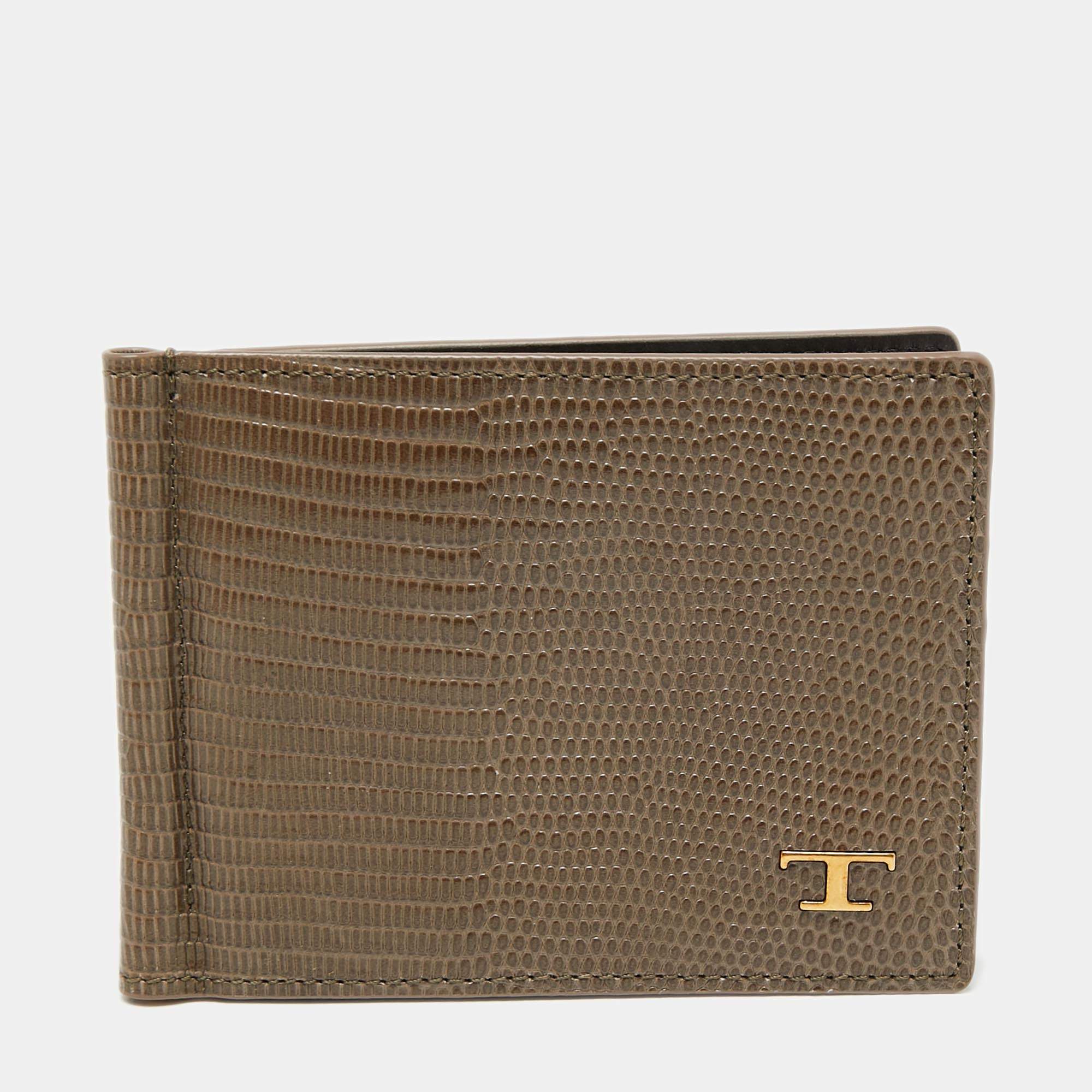 Tod's Khaki Green Lizard Embossed Leather Money Clip