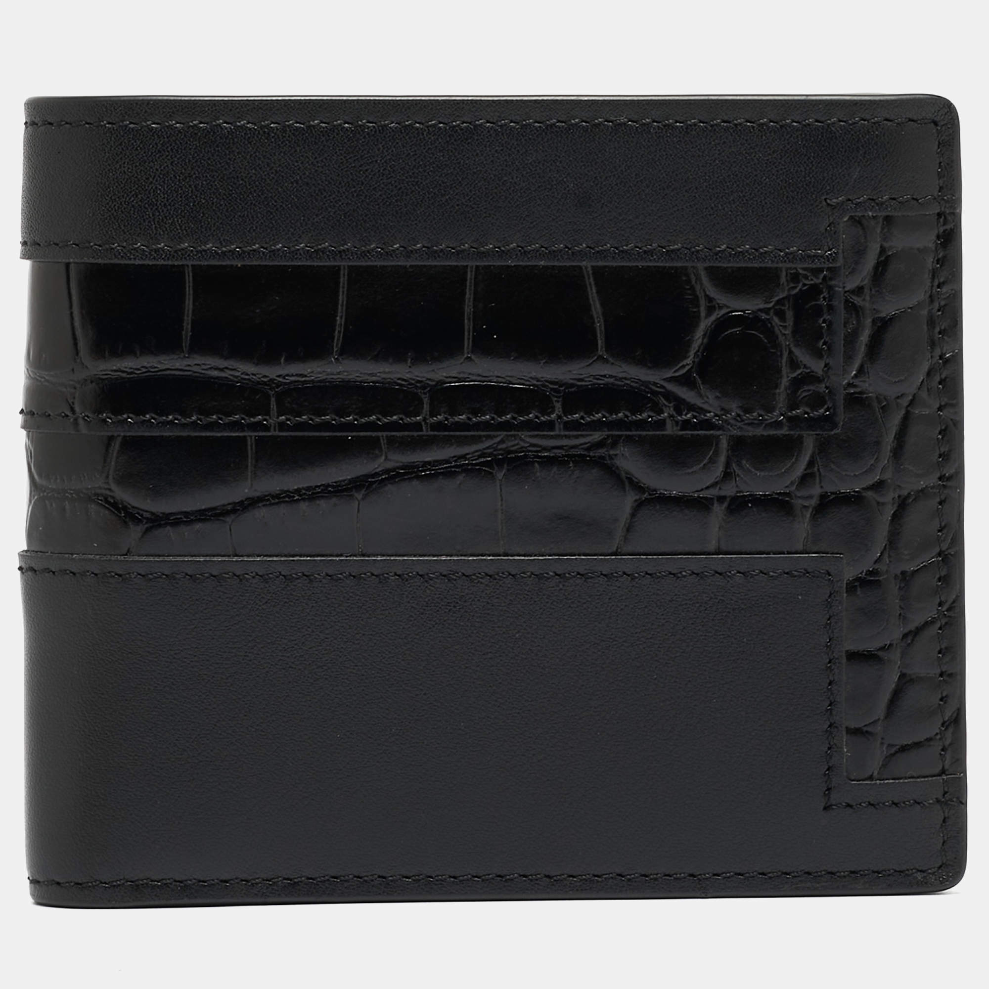 Tod's Black Croc Embossed and Leather Bifold Wallet 