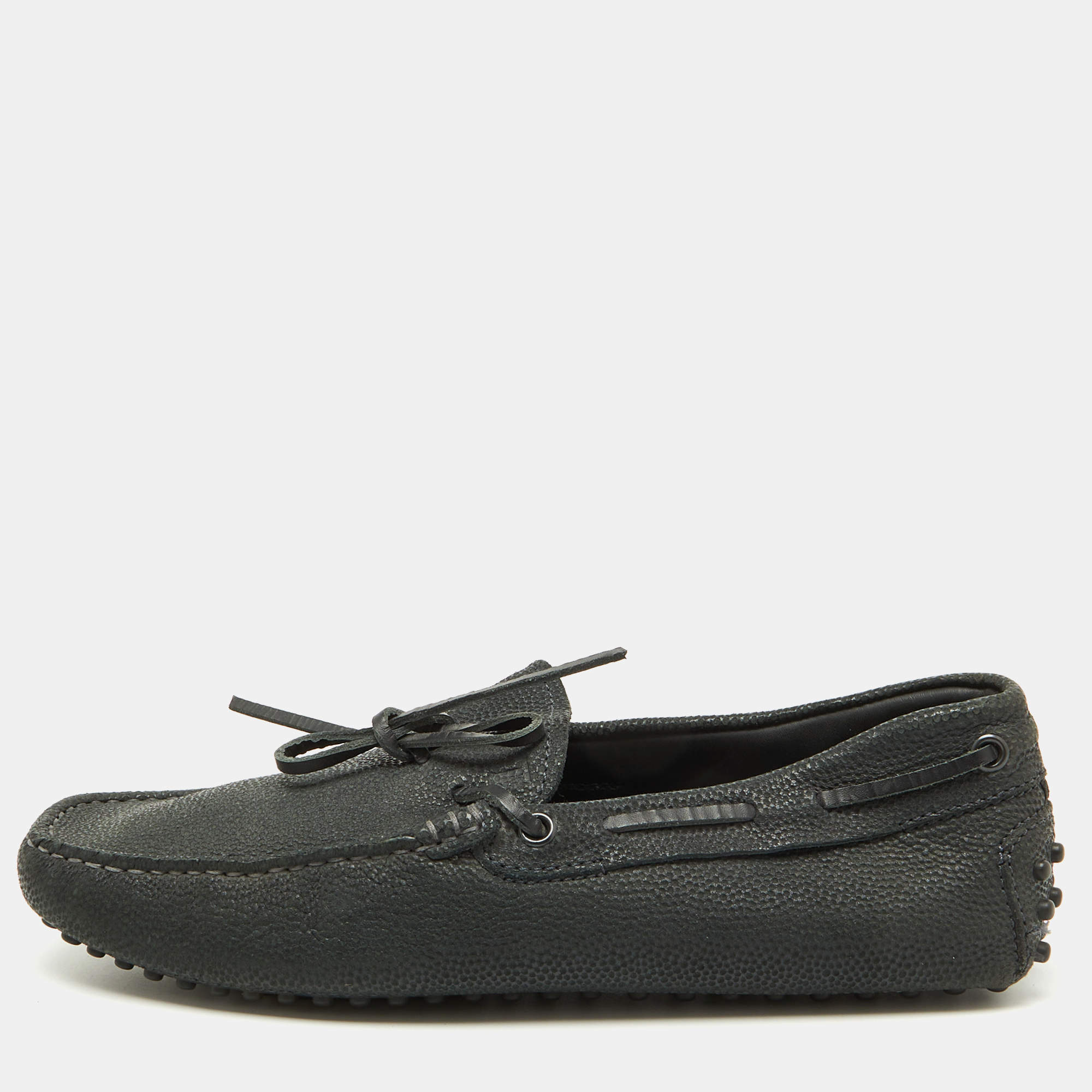 Tod's Dark Grey Leather Gommino Bow Slip On Loafers Size 39.5