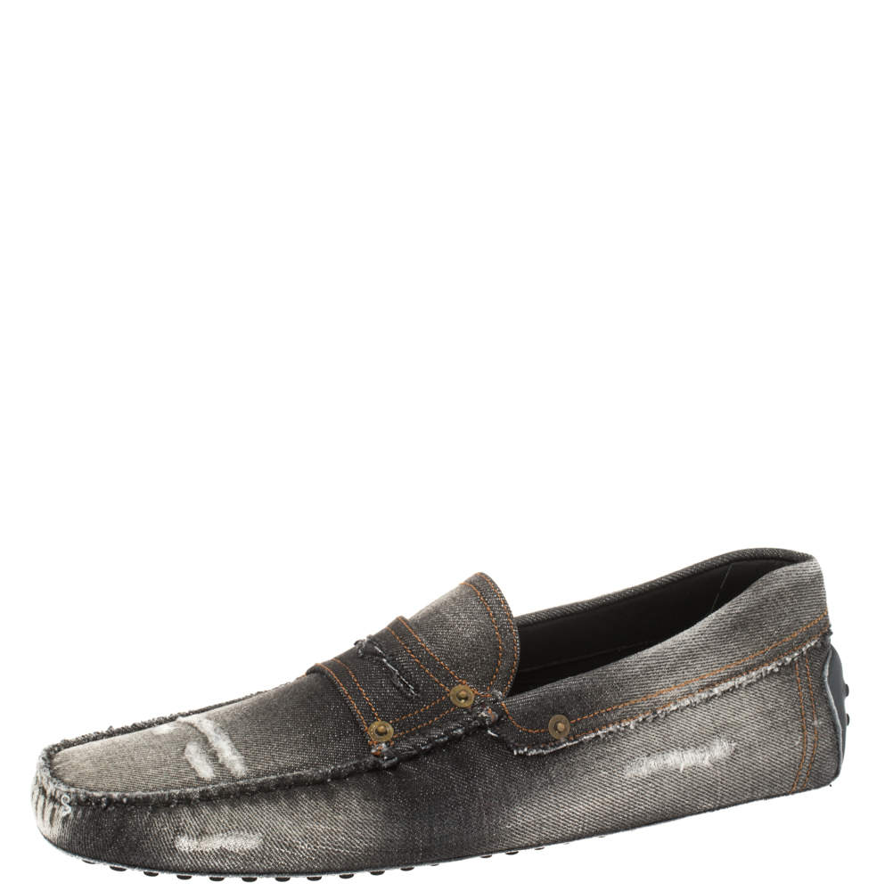 Pre Owned Tod's Two Tone Denim Fabric Gommino Penny Slip On Loafers Size 44.5