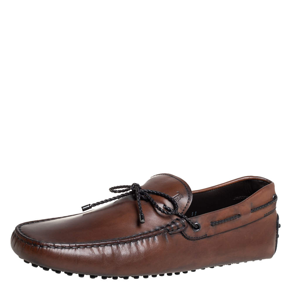 Pre Owned Tod's Brown Leather Braided Bow Slip On Loafers Size 45.5