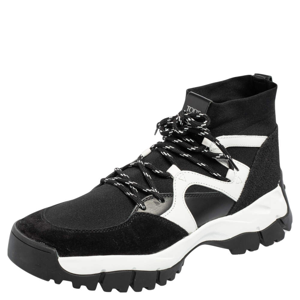مملوكة مسبقًا Tod's Black/White Leather, Suede and Knit Fabric High-Top Sneakers Size 42.5