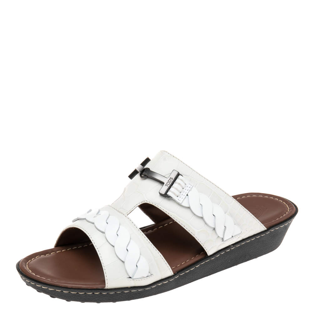 مملوكة مسبقًا Tod's White Leather Flat Slides Size 43