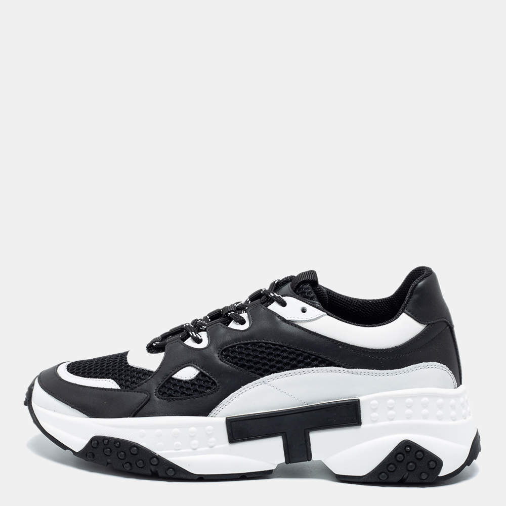 Pre Owned Tod's Black/White Leather and Mesh Lace Up Sneakers Size 42