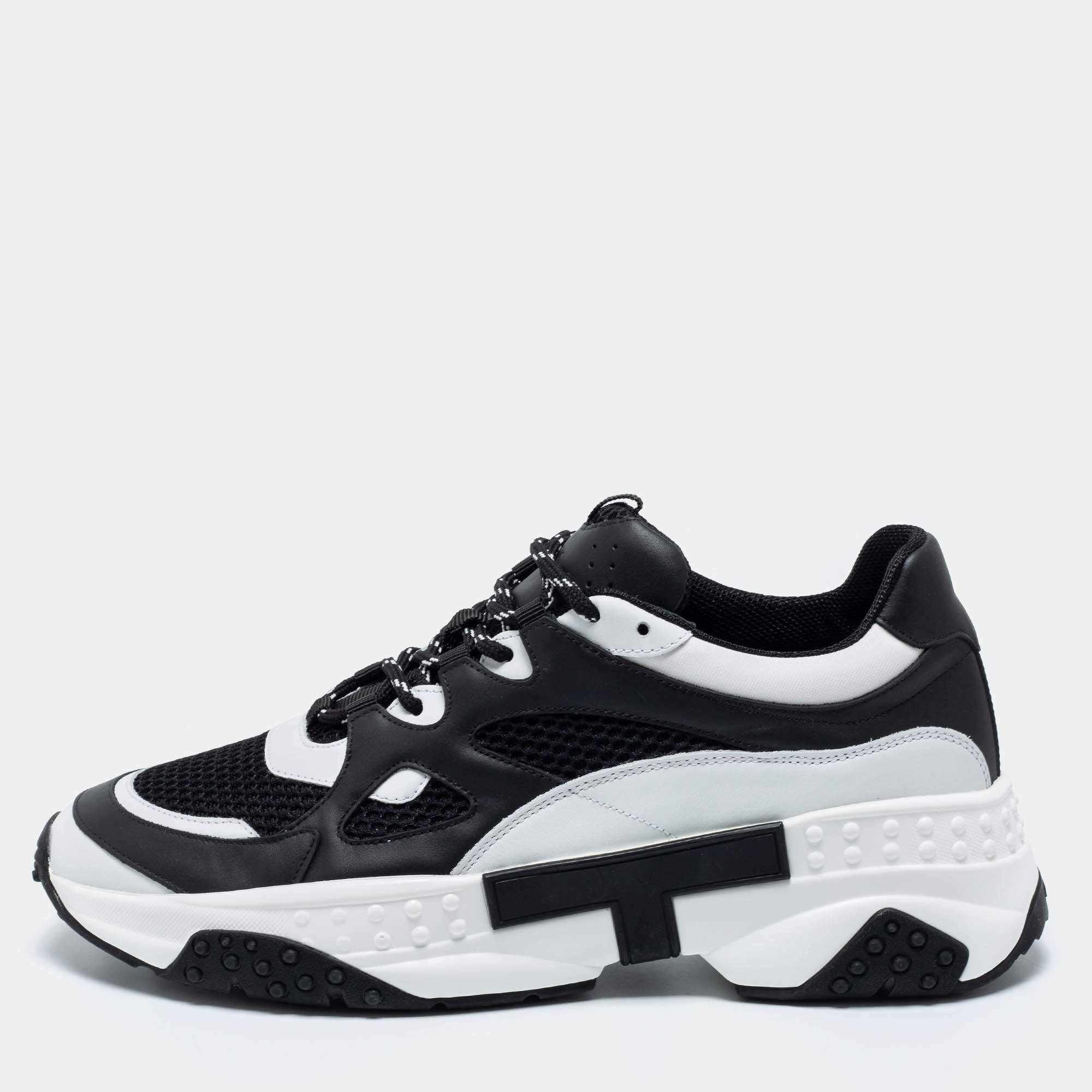 Pre Owned Tod's Black/White Mesh And Leather Low Top Sneakers Size 43