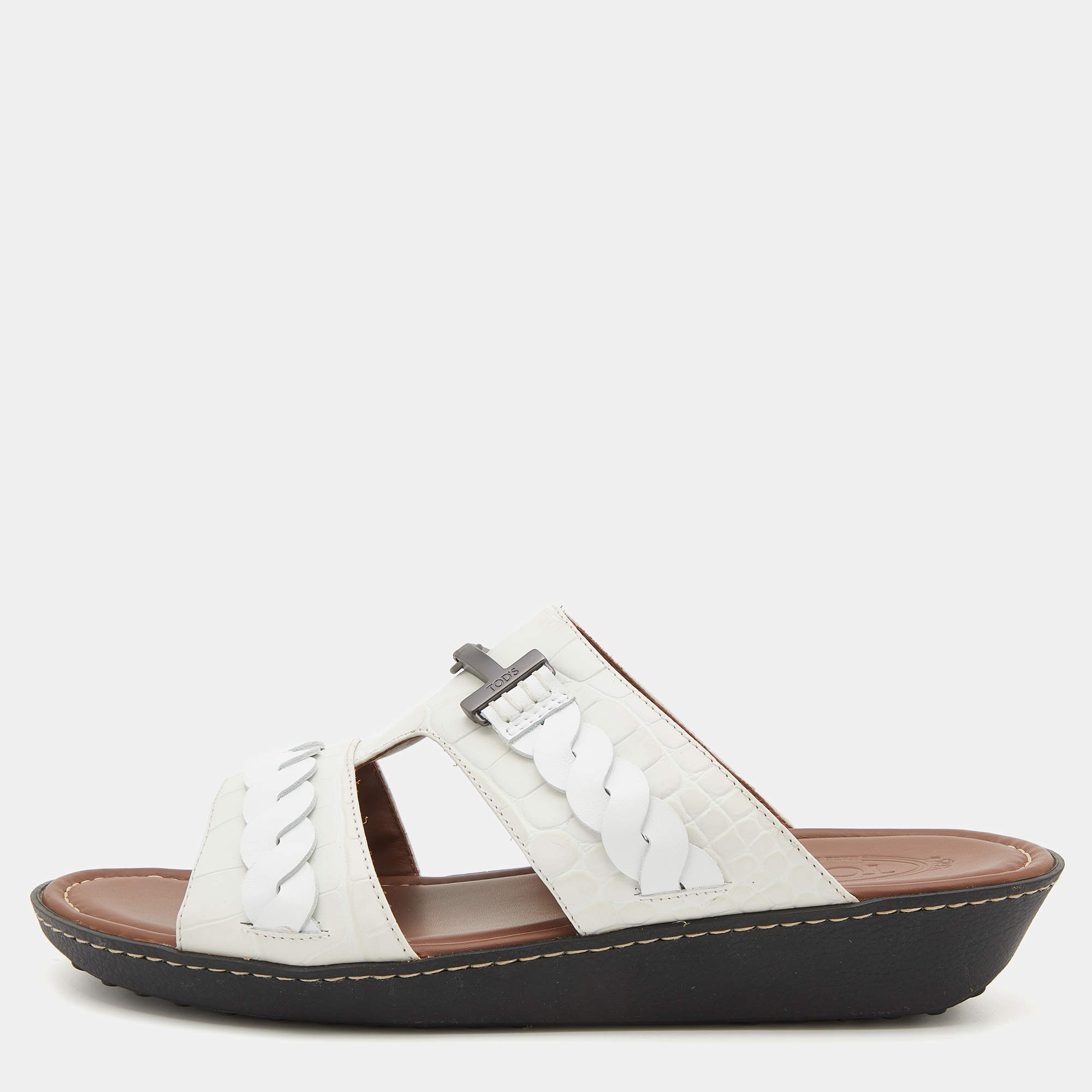Tod's White Croc Embossed Leather Slide Sandals Size 43