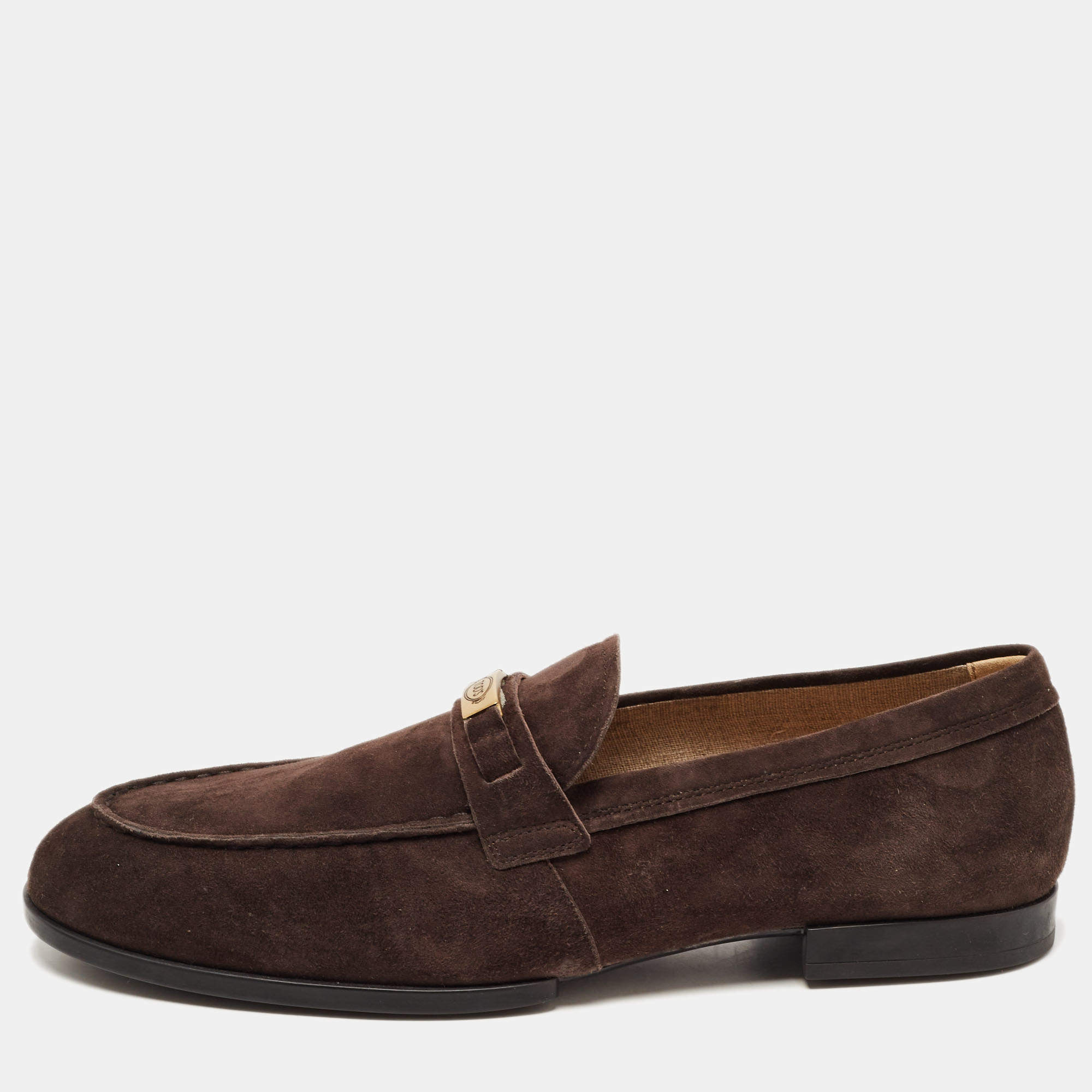 Pre Owned Tod's Dark Brown Suede Logo Plaque Loafers Size 42.5 