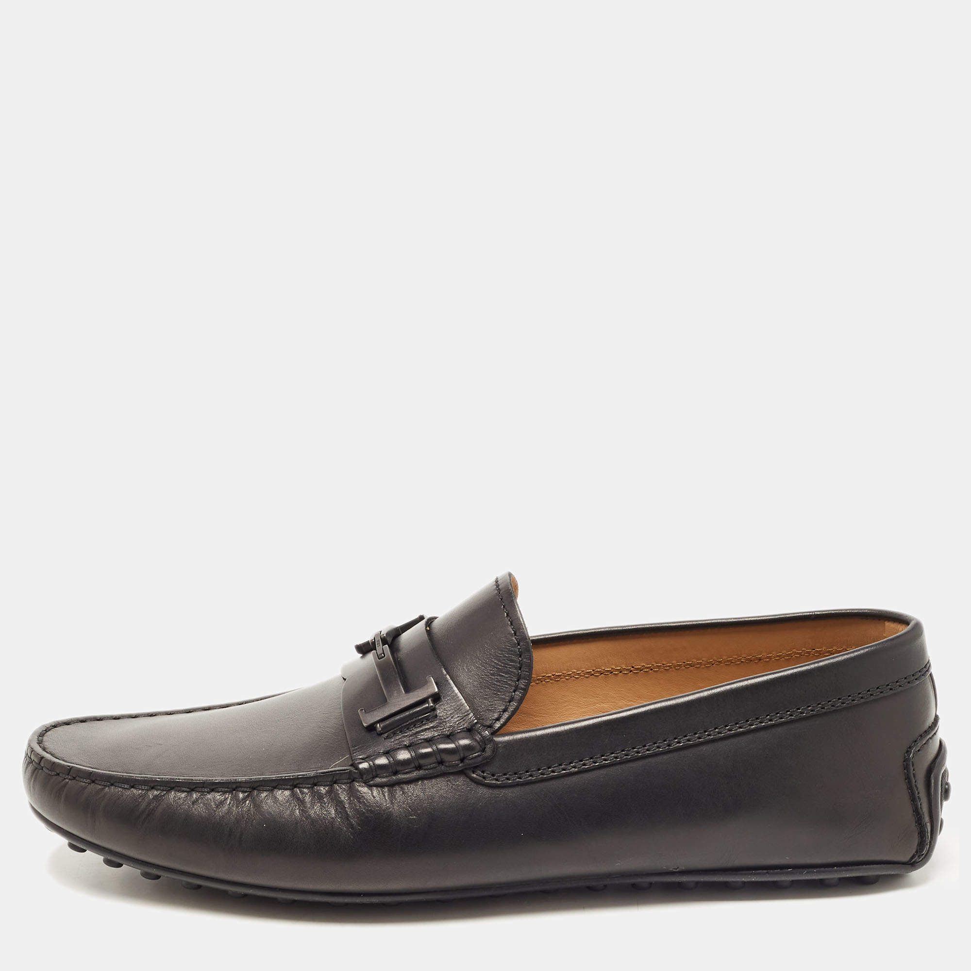 Pre Owned Tod's Black Leather Double T Slip On Loafers Size 44