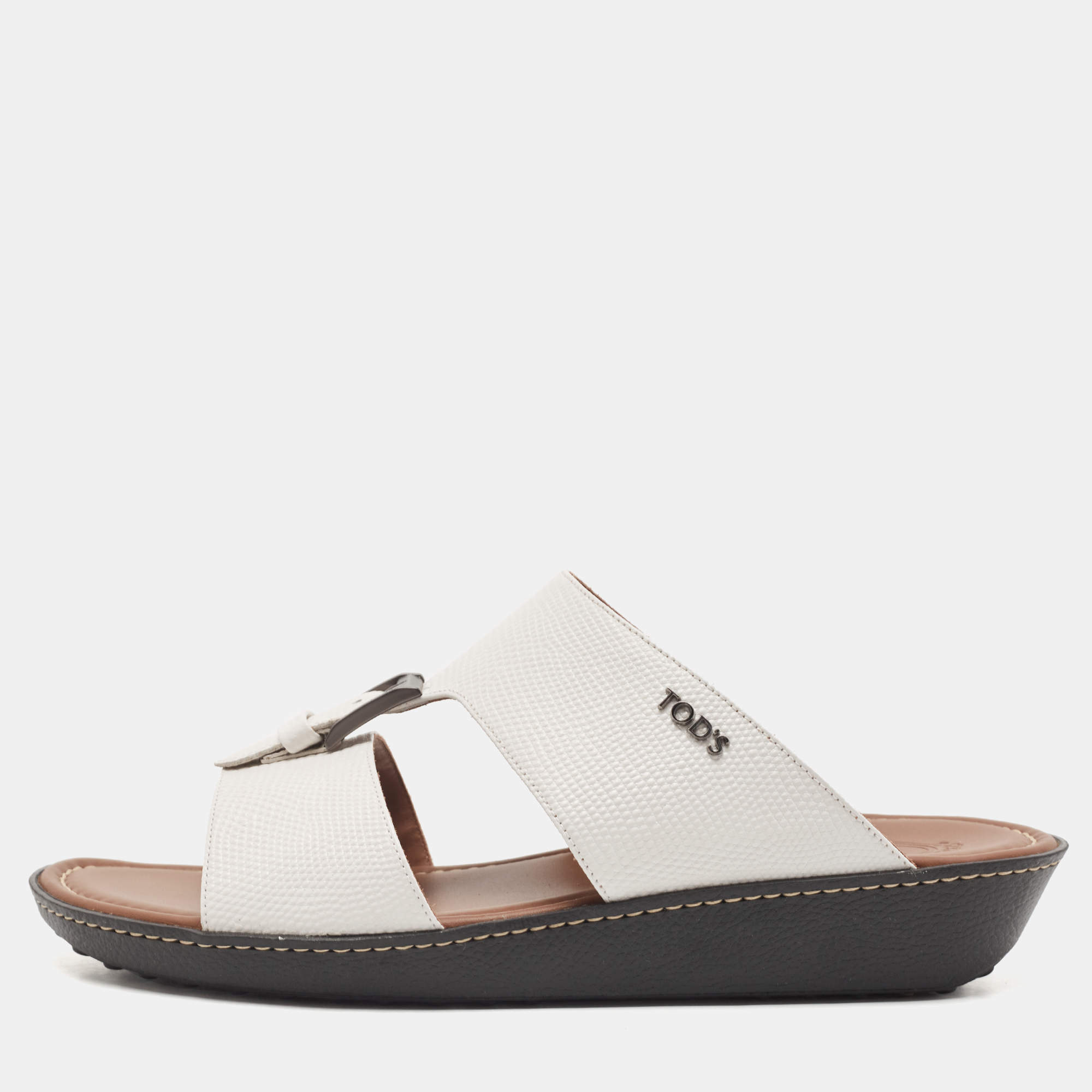 Tod's White Lizard Embossed Leather Buckle Detail Slide Sandals Size 44