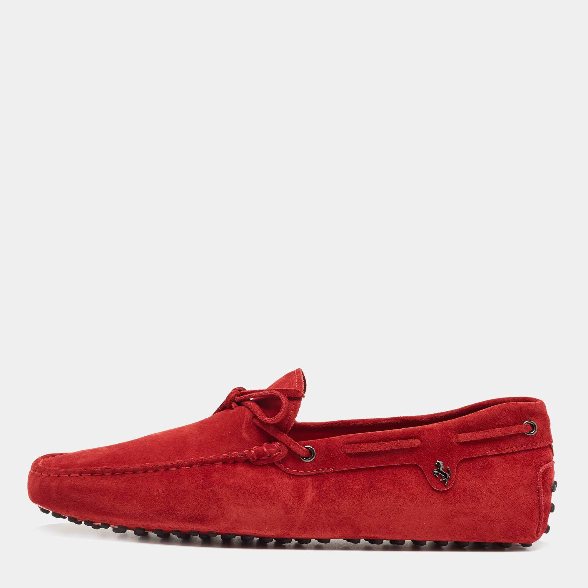 Pre Owned Tod's For Ferrari Red Suede Bow Slip On Loafers Size 45.5