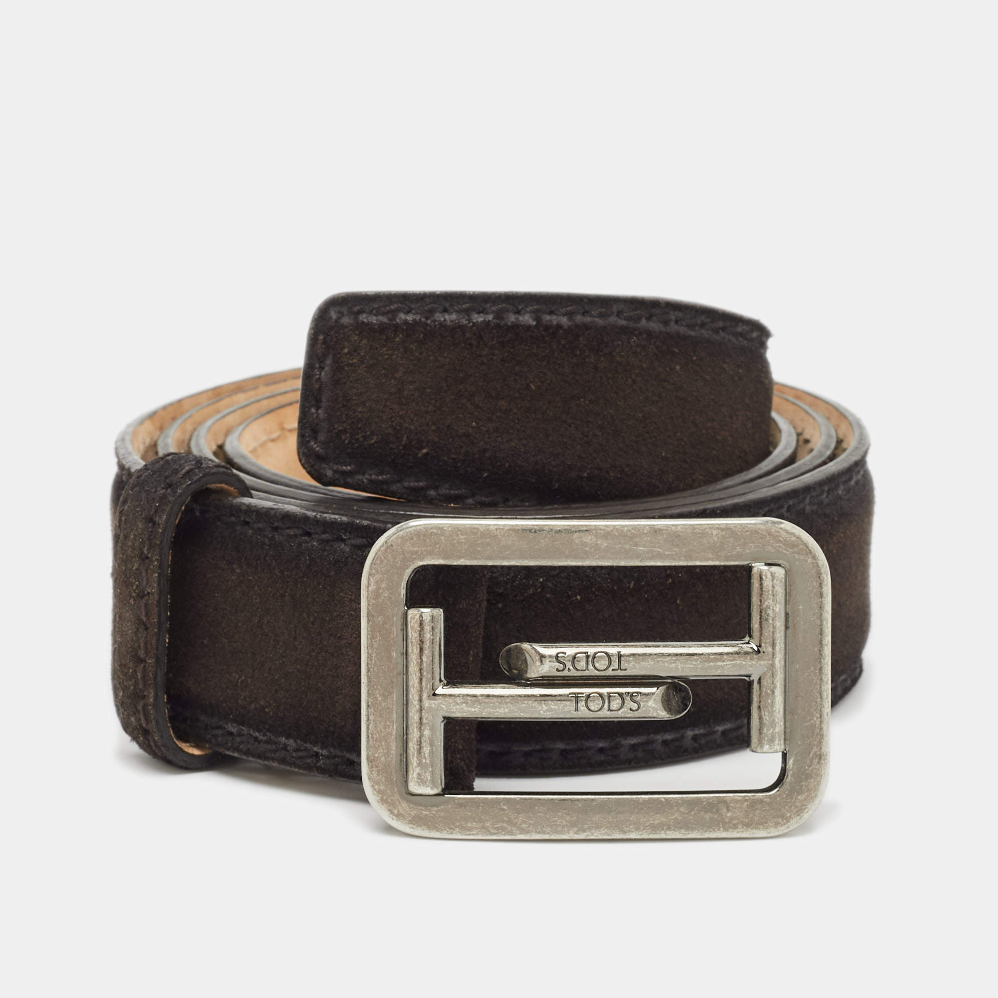Tod's Dark Brown Suede Double T Buckle Belt 95CM