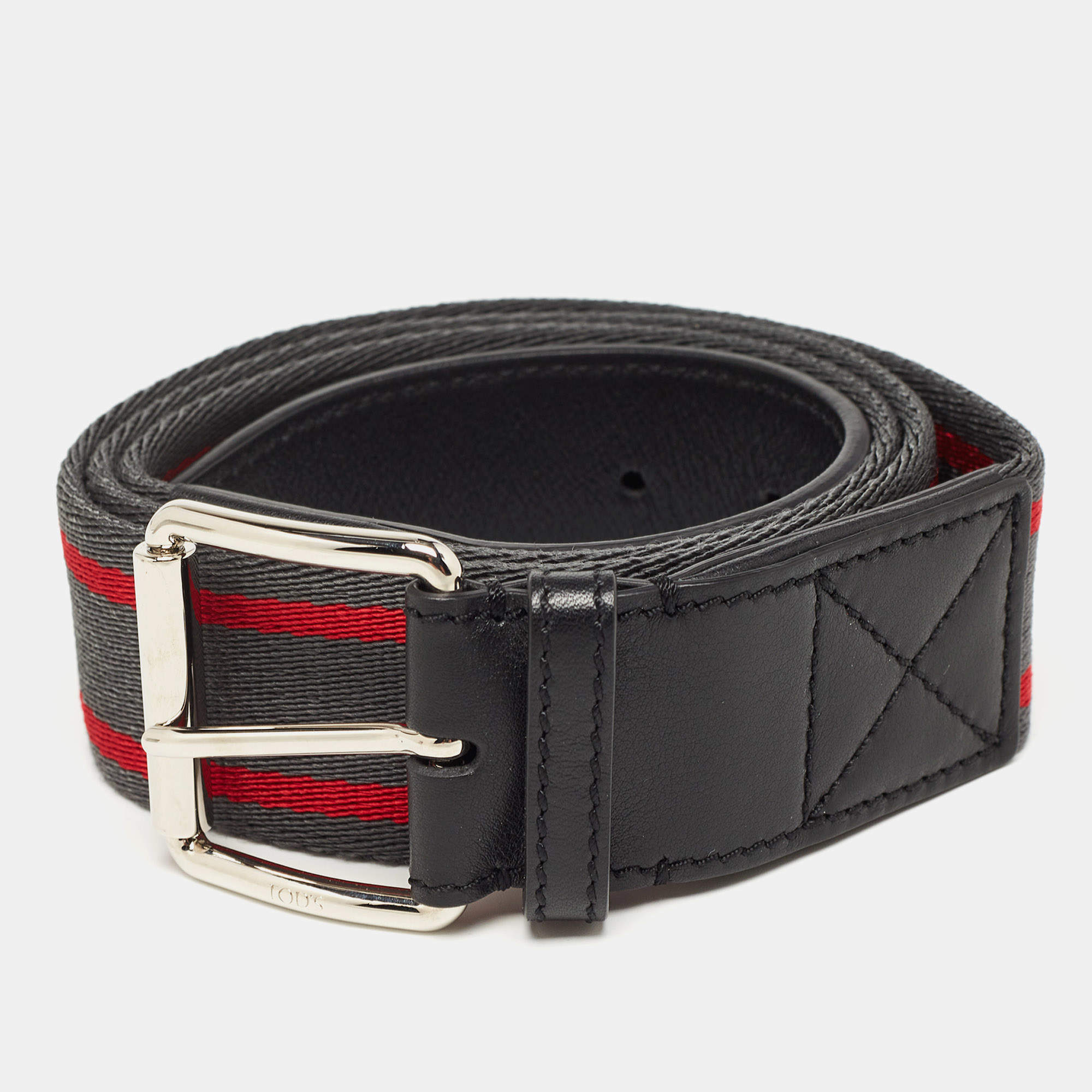 Tod's Dark Grey/Red Fabric and Leather Belt 105CM