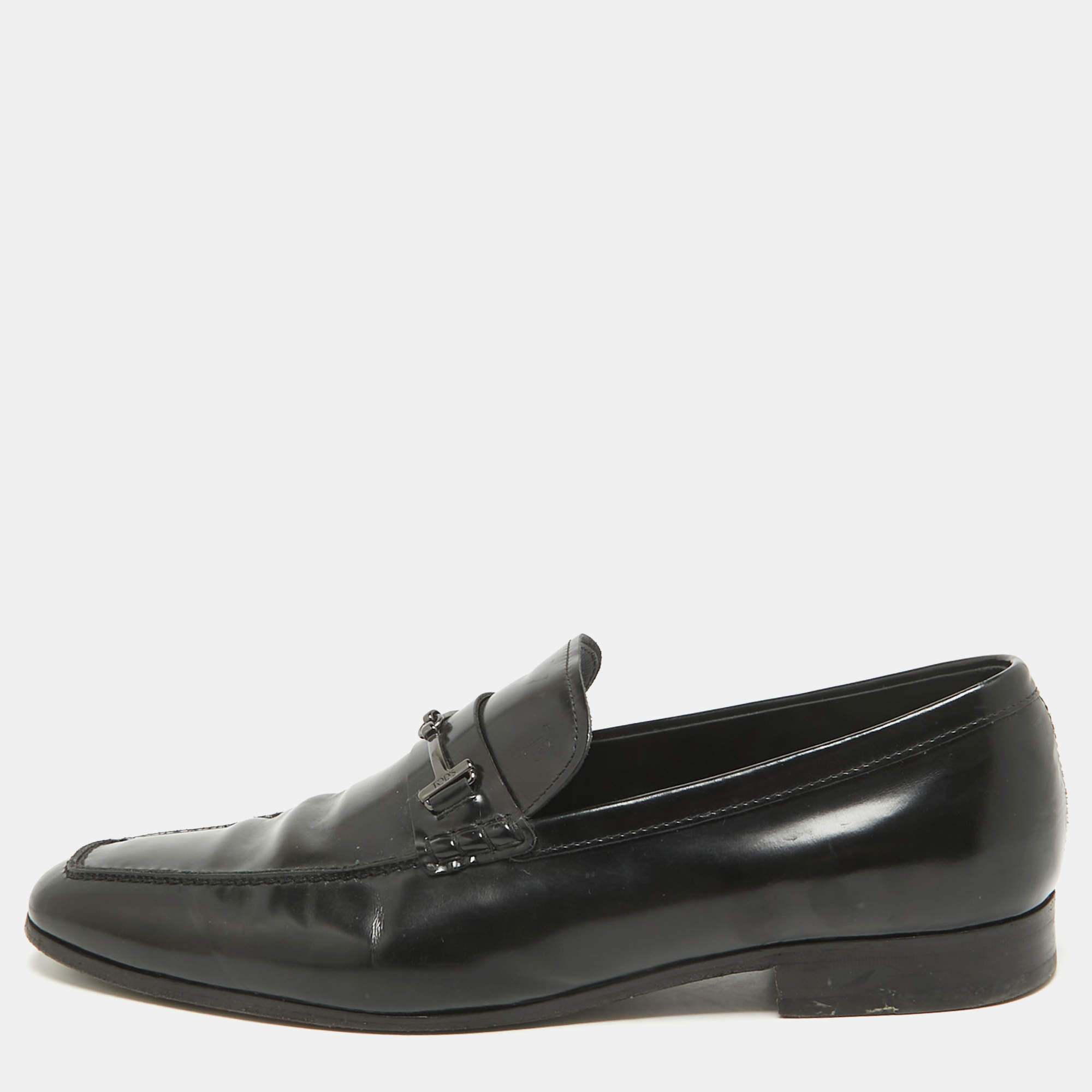 Pre Owned Tod's Black Leather Double T Slip On Loafers Size 45