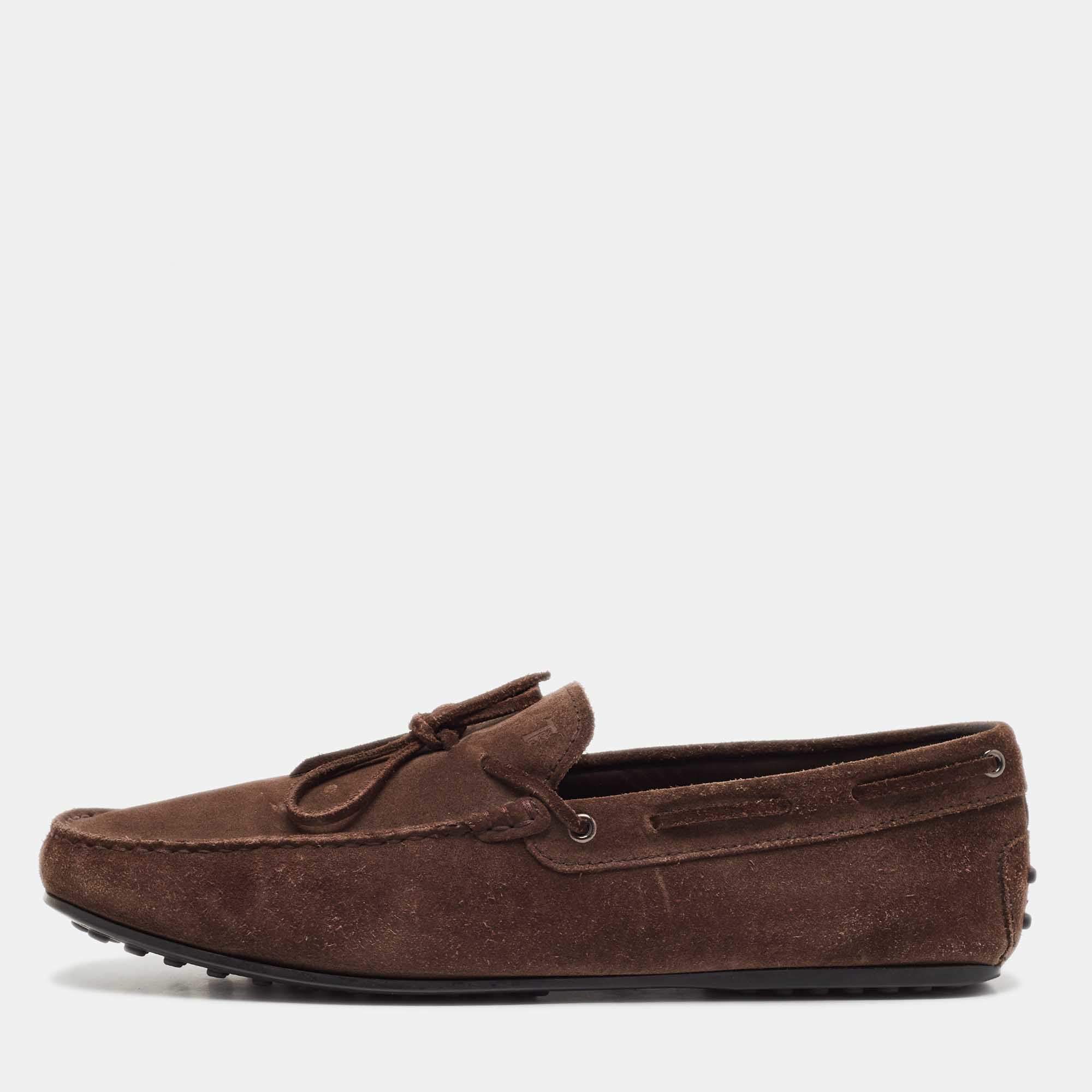 Pre Owned Tod's Dark Brown Suede Bow Slip On Loafers Size 44.5