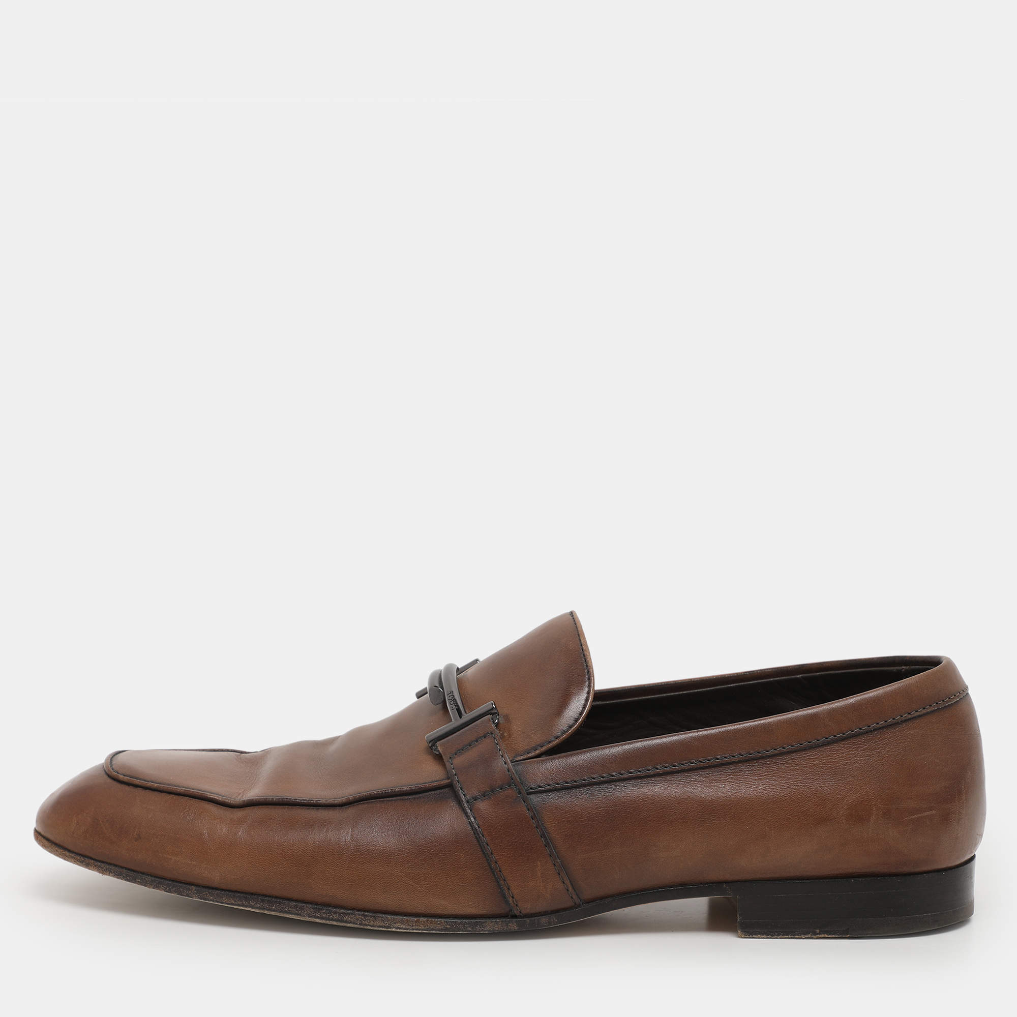 Pre Owned Tod's Brown Leather Double T Loafers Size 45.5