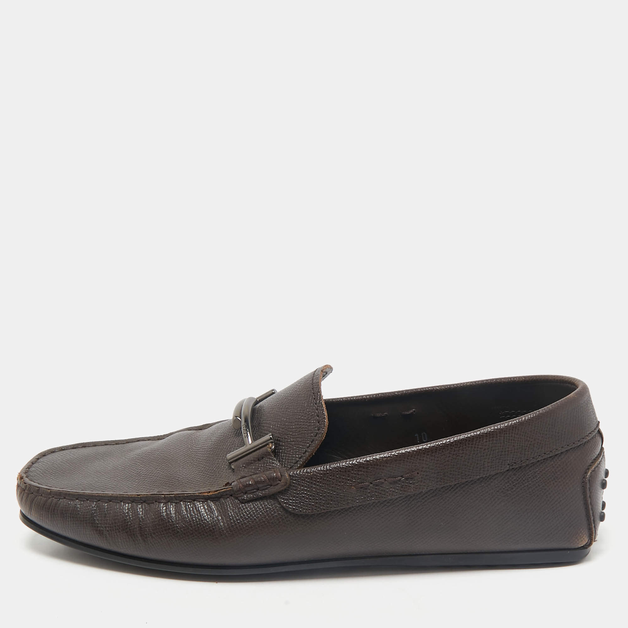 Tod's Brown Leather Double T Slip On Loafers Size 44.5
