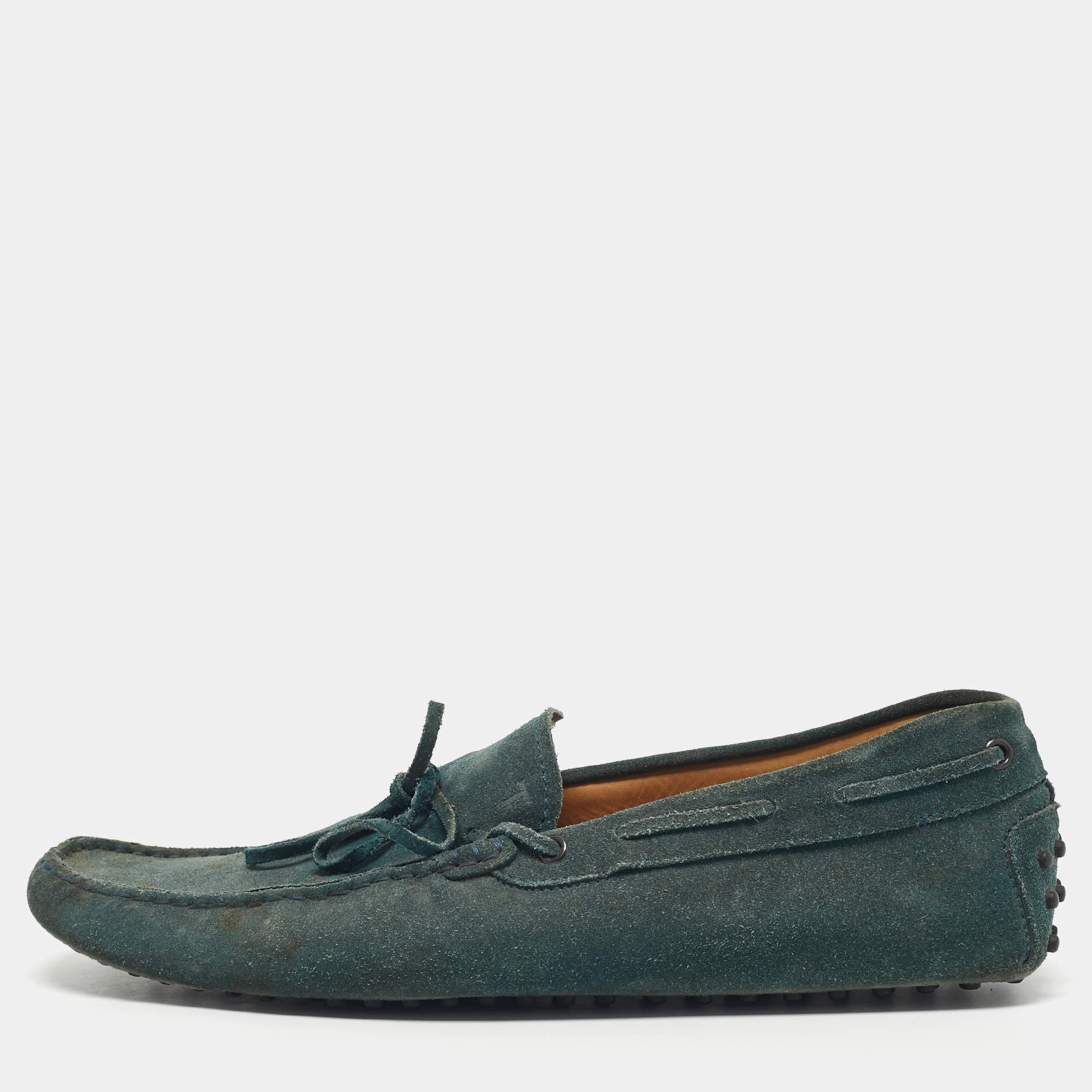 Pre Owned Tod's Dark Green Suede Bow Slip On Loafers Size 44.5