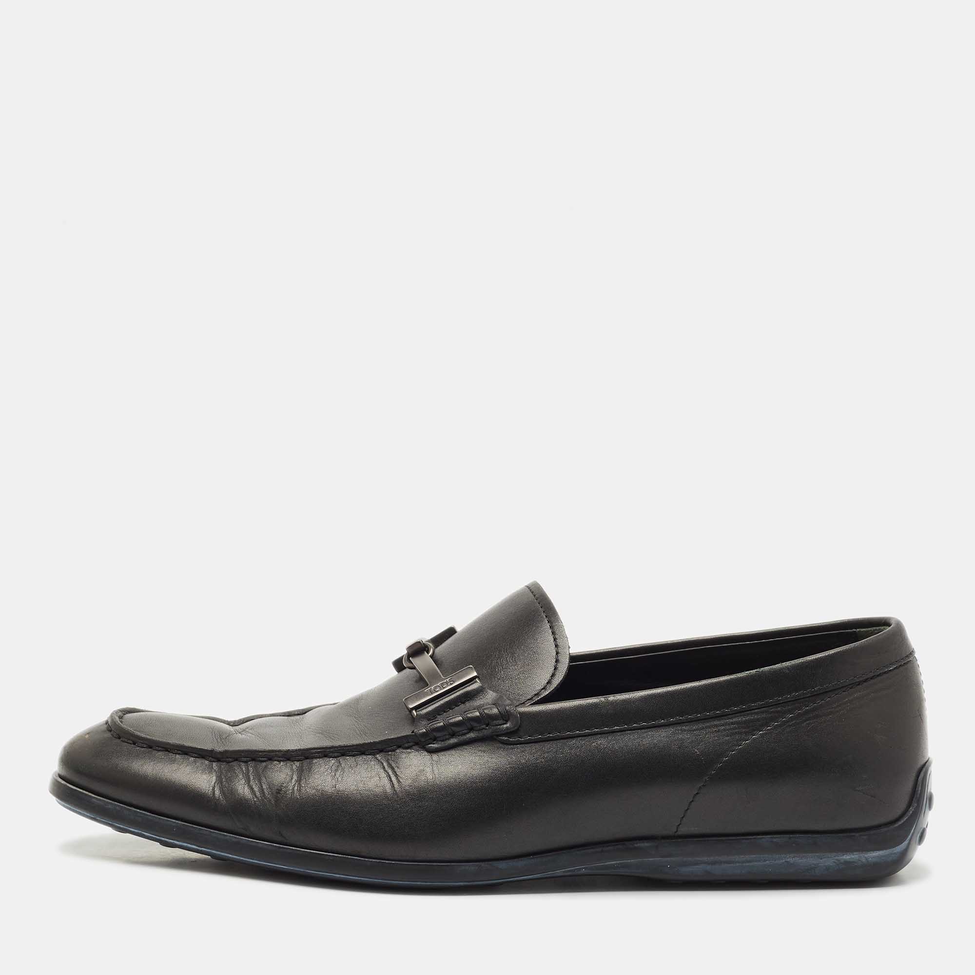 Pre Owned Tod's Black Leather Slip On Loafers Size 42.5