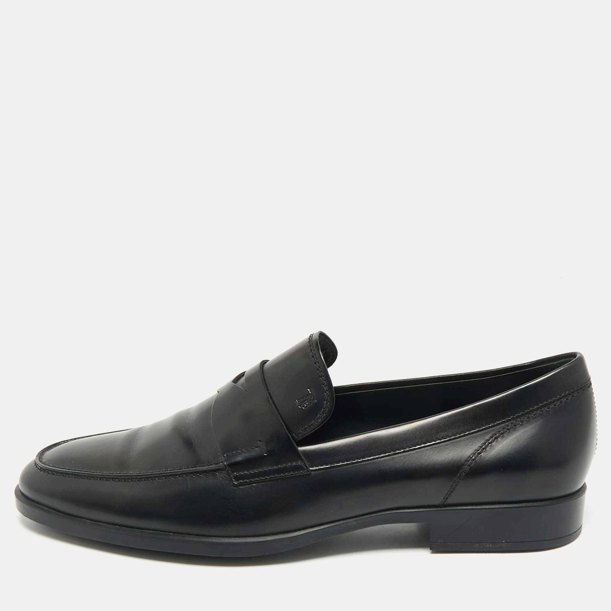 Pre Owned Tod's Black Leather Slip On Penny Loafers Size 45.5