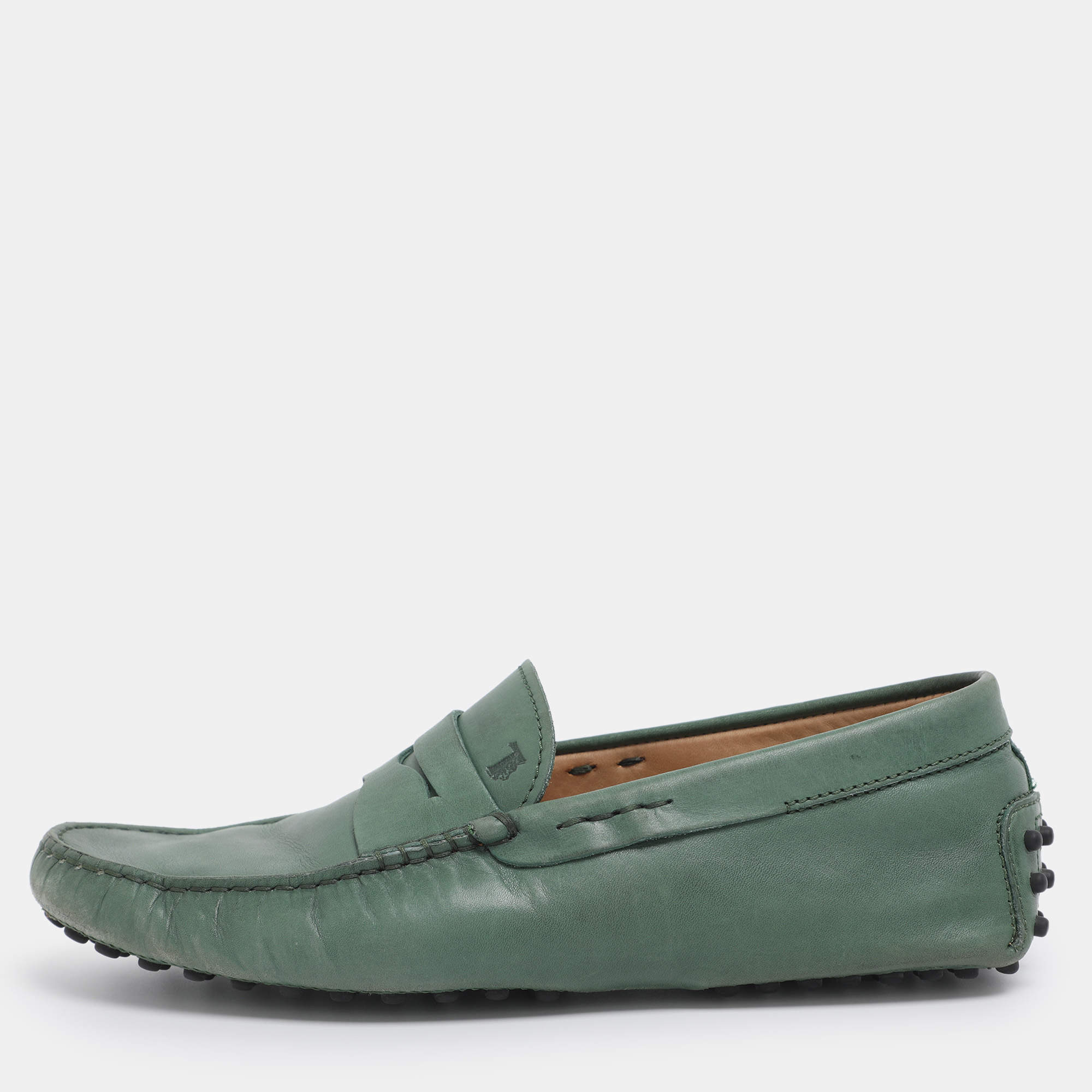 Pre Owned Tod's Green Leather Gommino Loafers Size 39.5