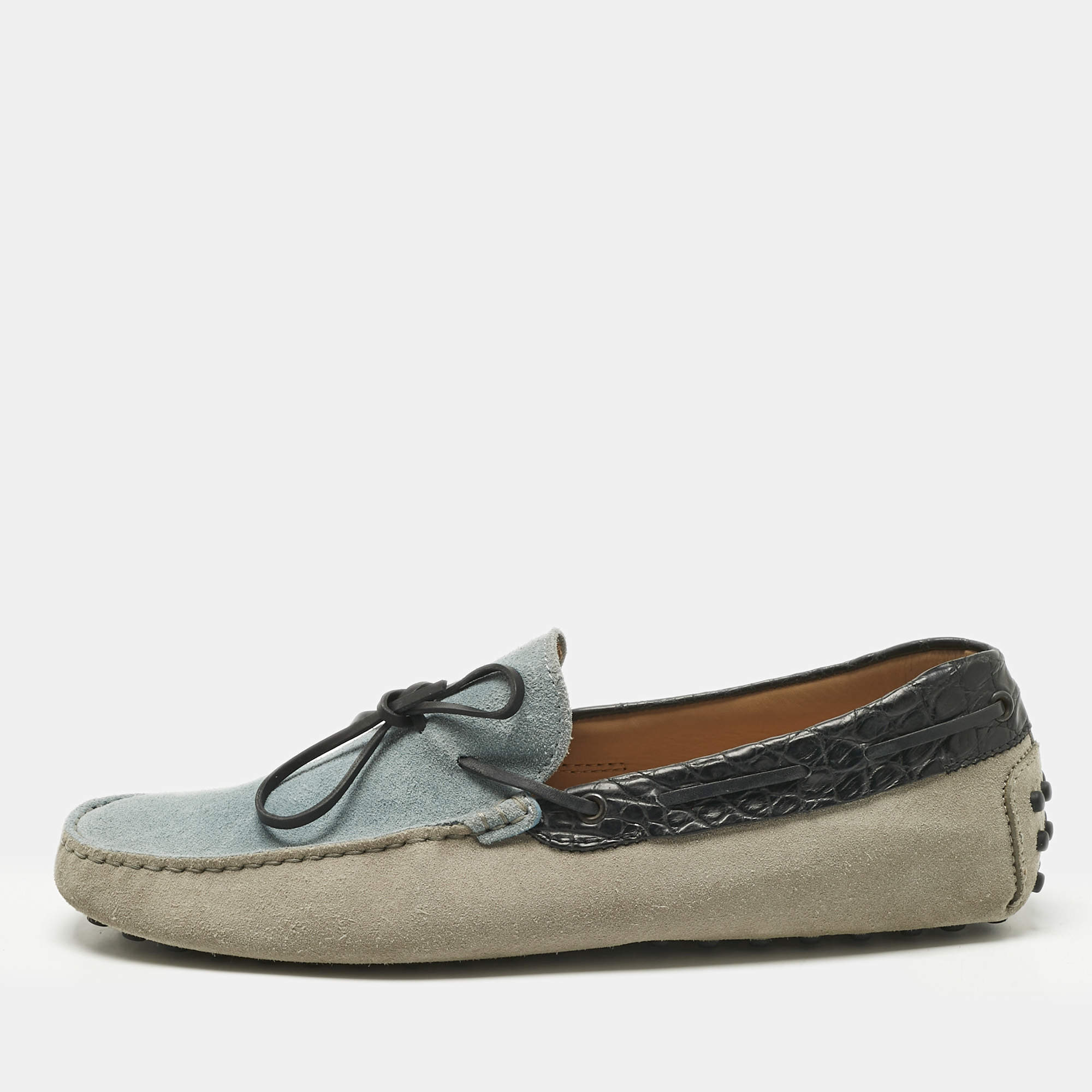 Pre Owned Tod's Tricolor Crocodile Leather and Suede Loafers Size 44.5