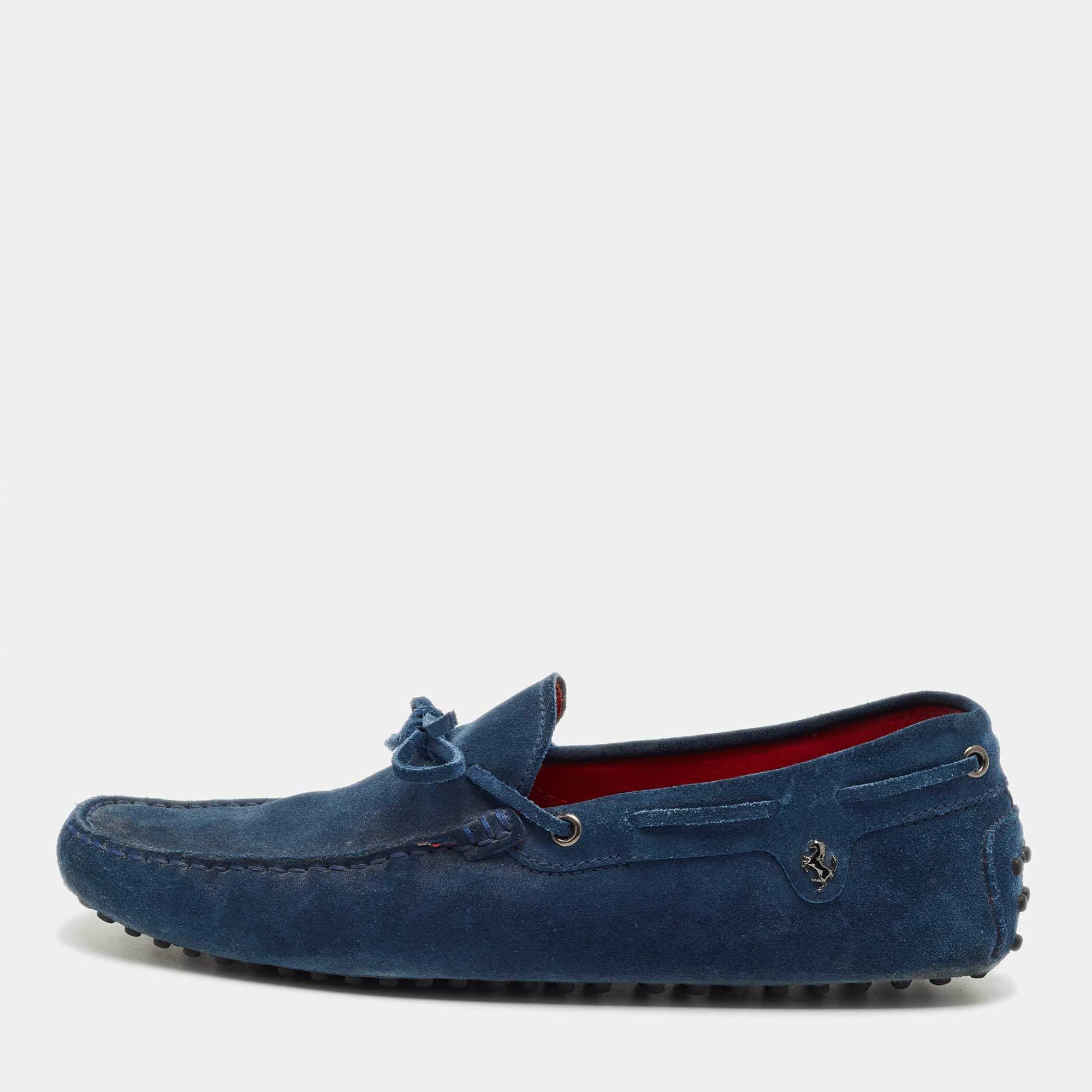 Pre Owned Tod's Blue Suede Bow Slip On Loafers Size 42