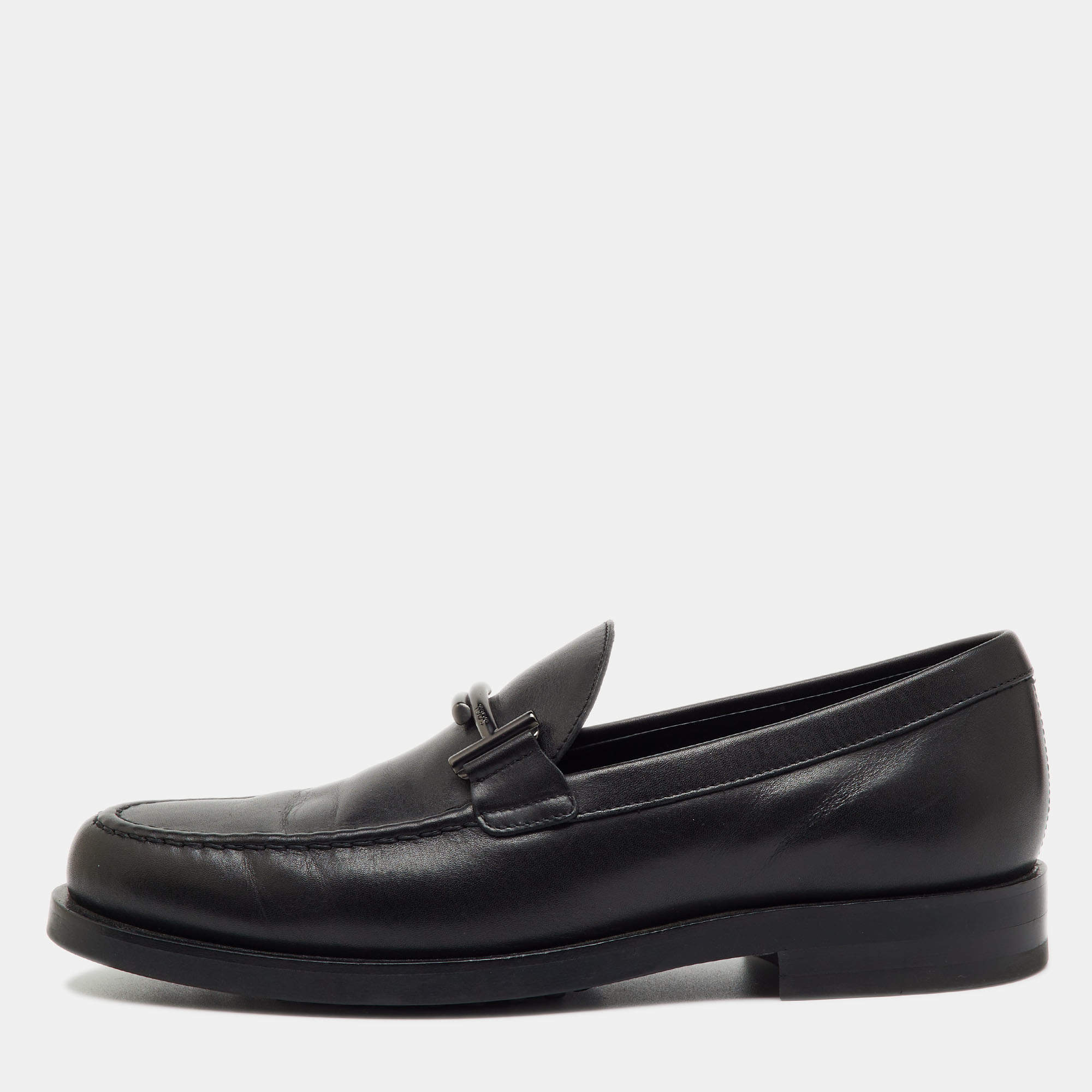 Pre Owned Tod's Black Leather Double T Slip On Loafers Size 38.5
