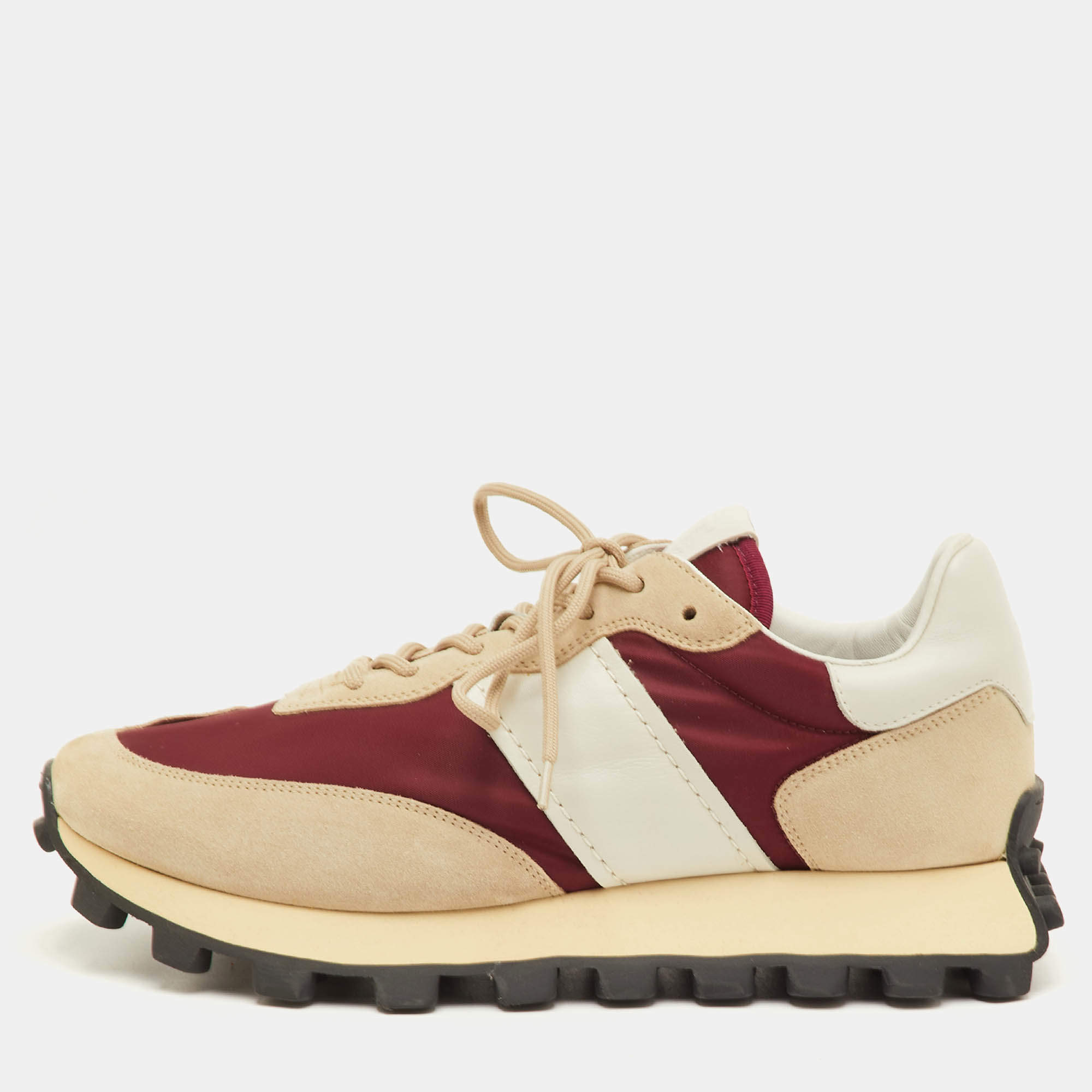 Pre Owned Tod's Size 41.5 Beige/Maroon Fabric, Leather and Suede Low Top Sneakers