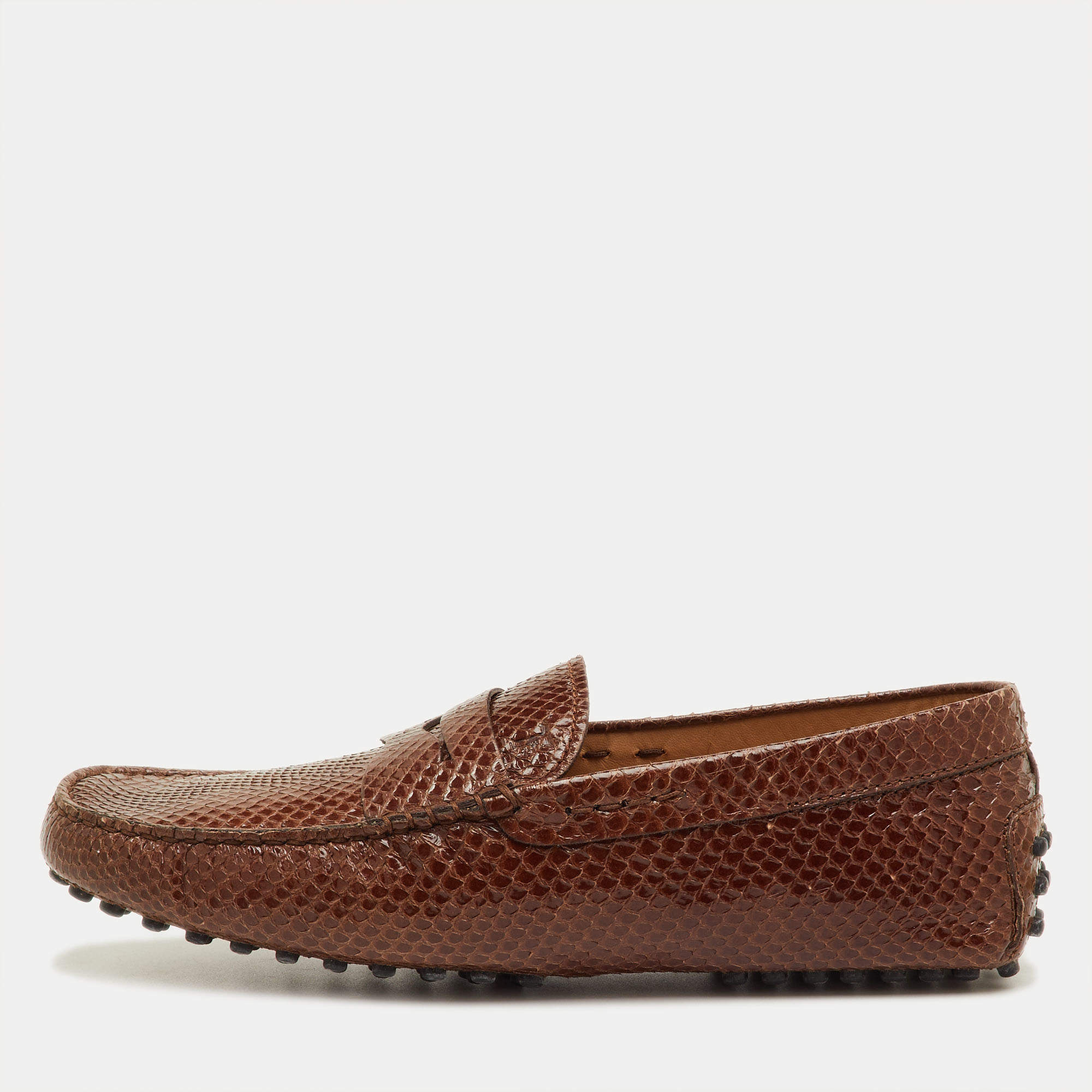 Pre Owned Tod's City Gommino Size 40 Brown Snakeskin Leather Slip On Loafers