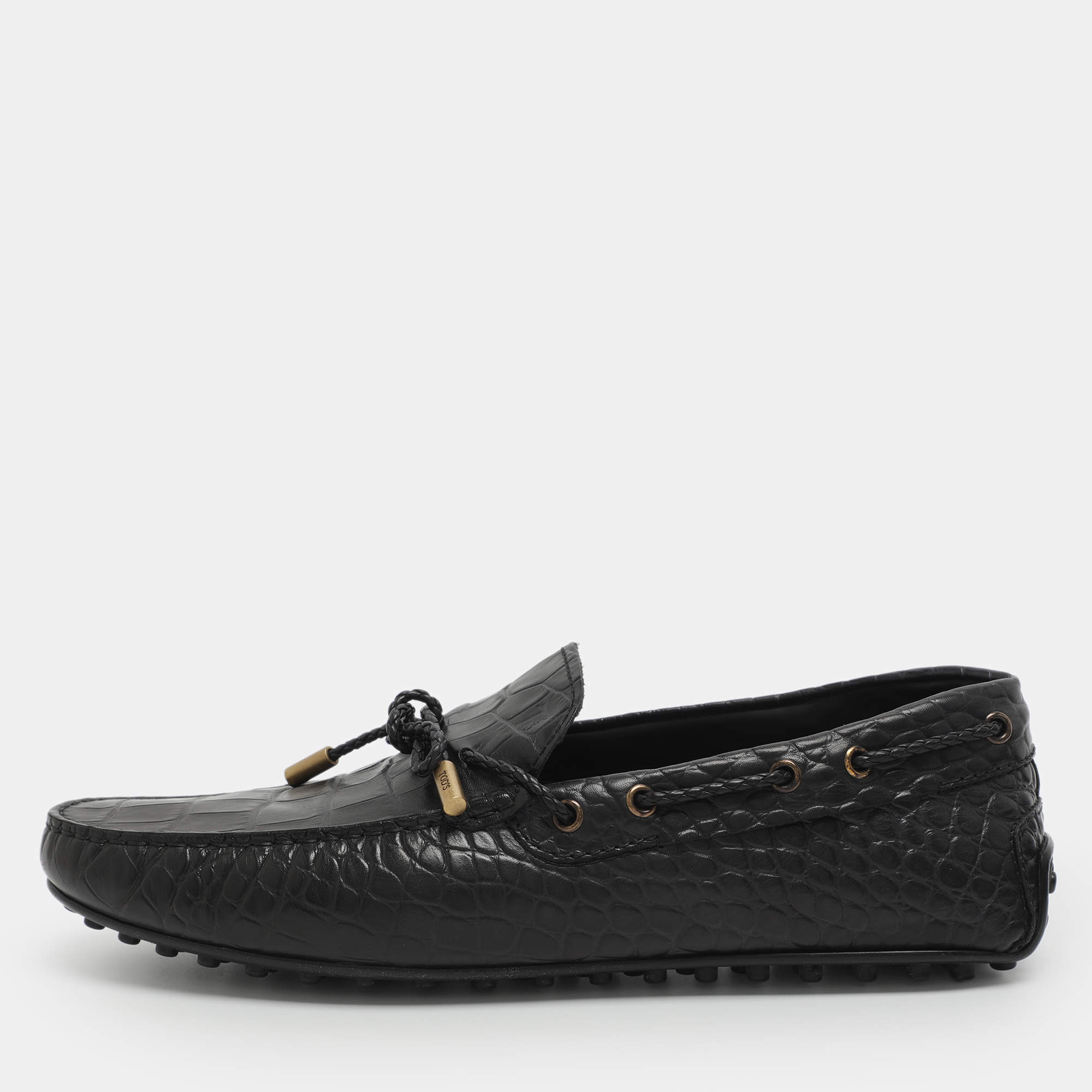 مملوكة مسبقًا Tod's Black Croc Embossed Leather Bow Slip On Loafers Size 44.5