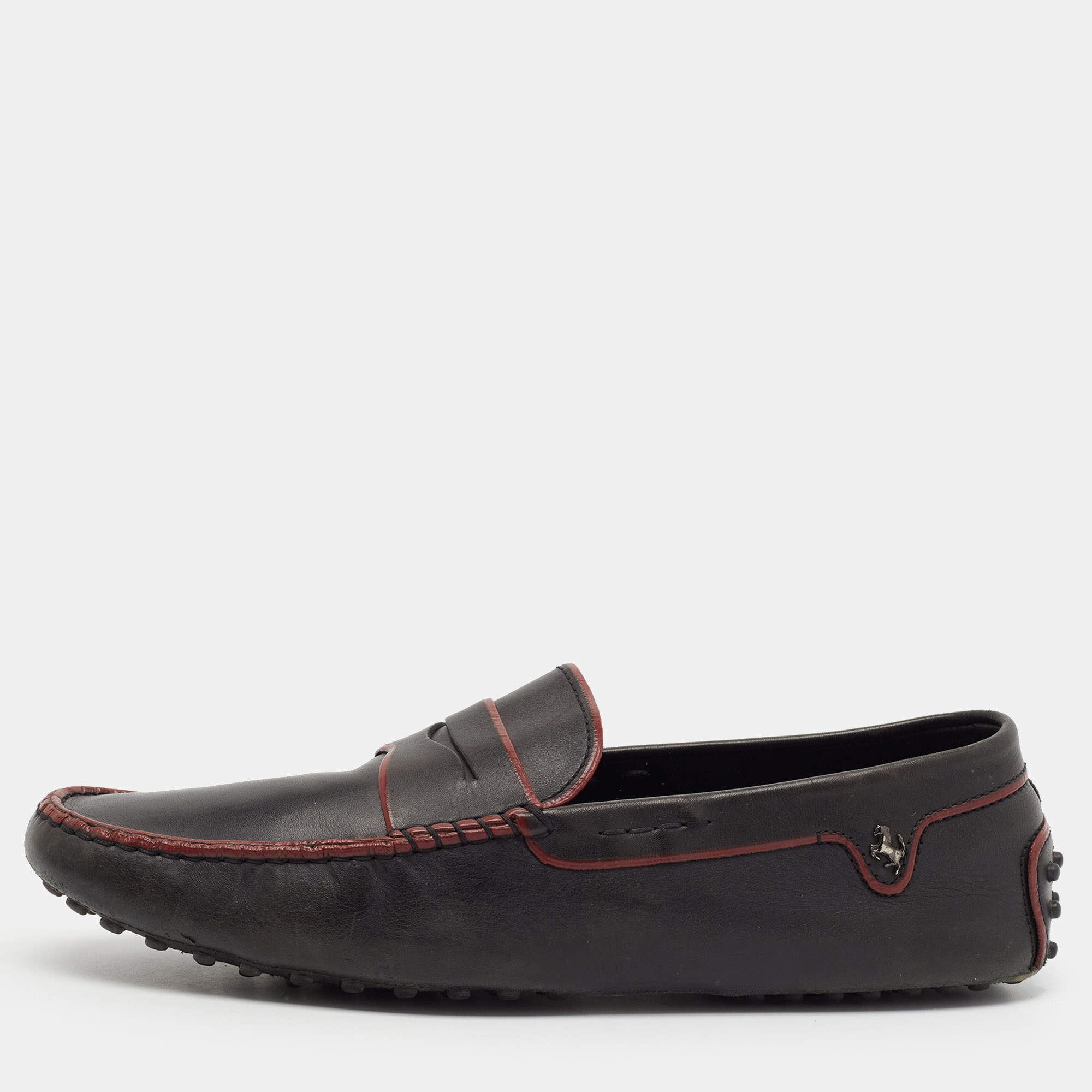 Pre Owned Tod’s x Ferrari Size 43 Black Leather/Burgundy Gommino Penny Loafers 
