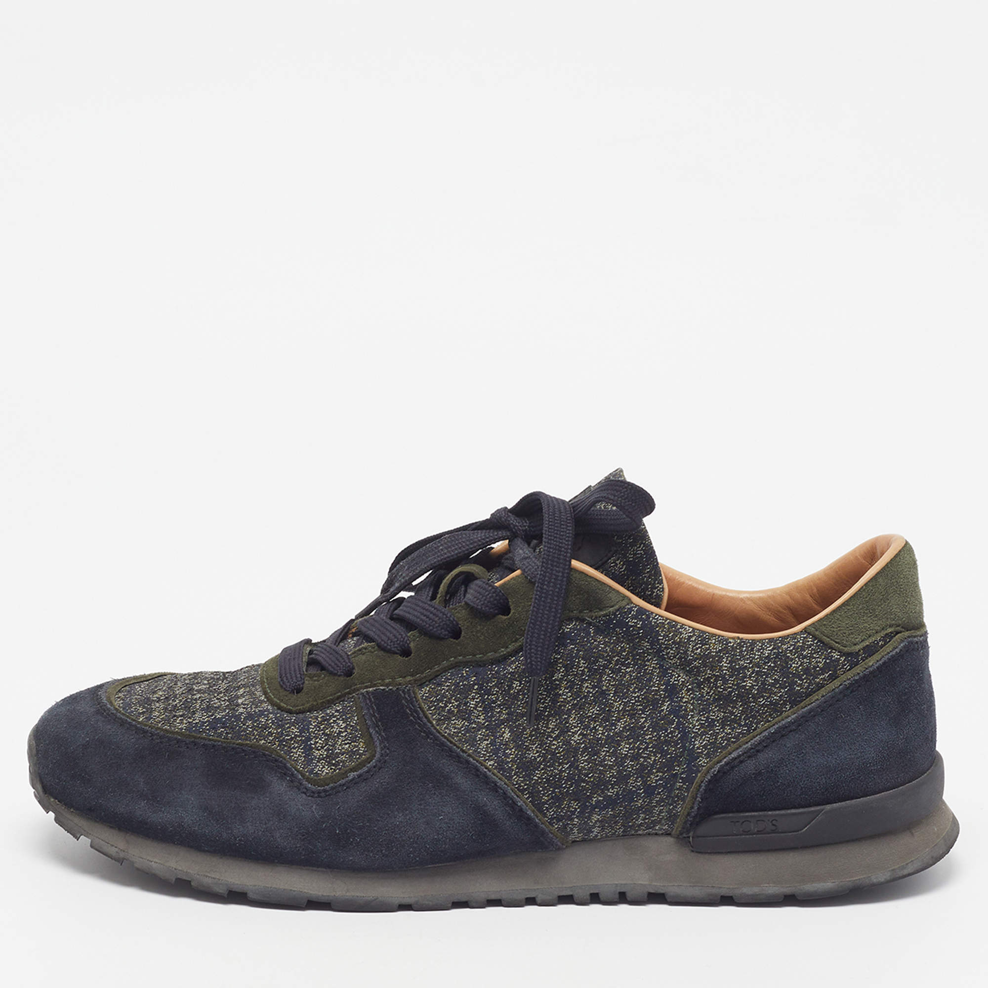 Pre Owned Tod's Size 44 Navy Blue/Green Fabric and Suede Lace Up Sneakers