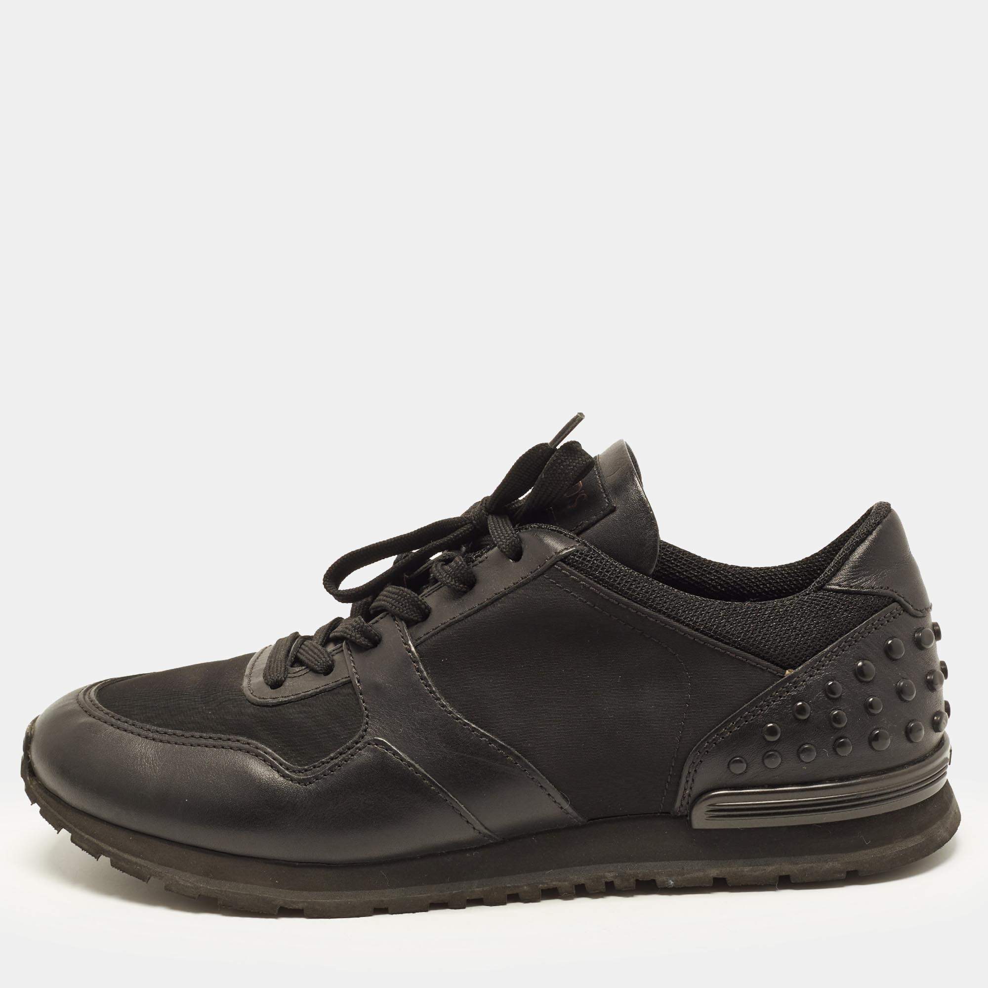 Pre Owned Tod's Gommino Size 44 Black Leather and Nylon Lace Up Sneakers