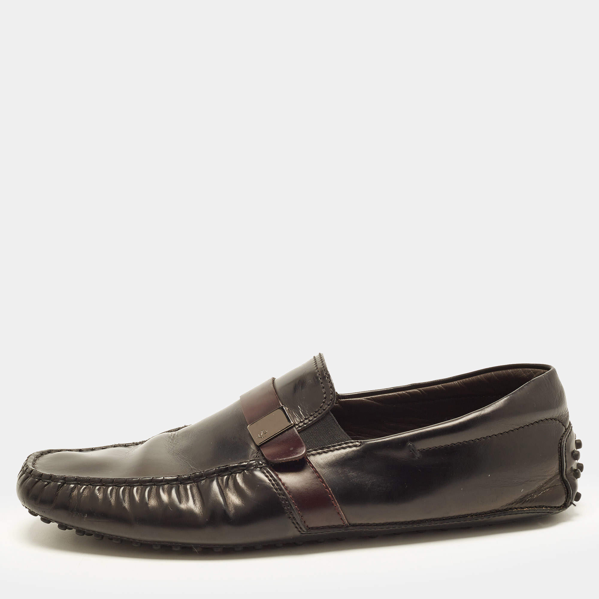 Pre Owned Tod’s x Ferrari Size 44.5 Black/Burgundy Leather Gommino Penny Loafers 
