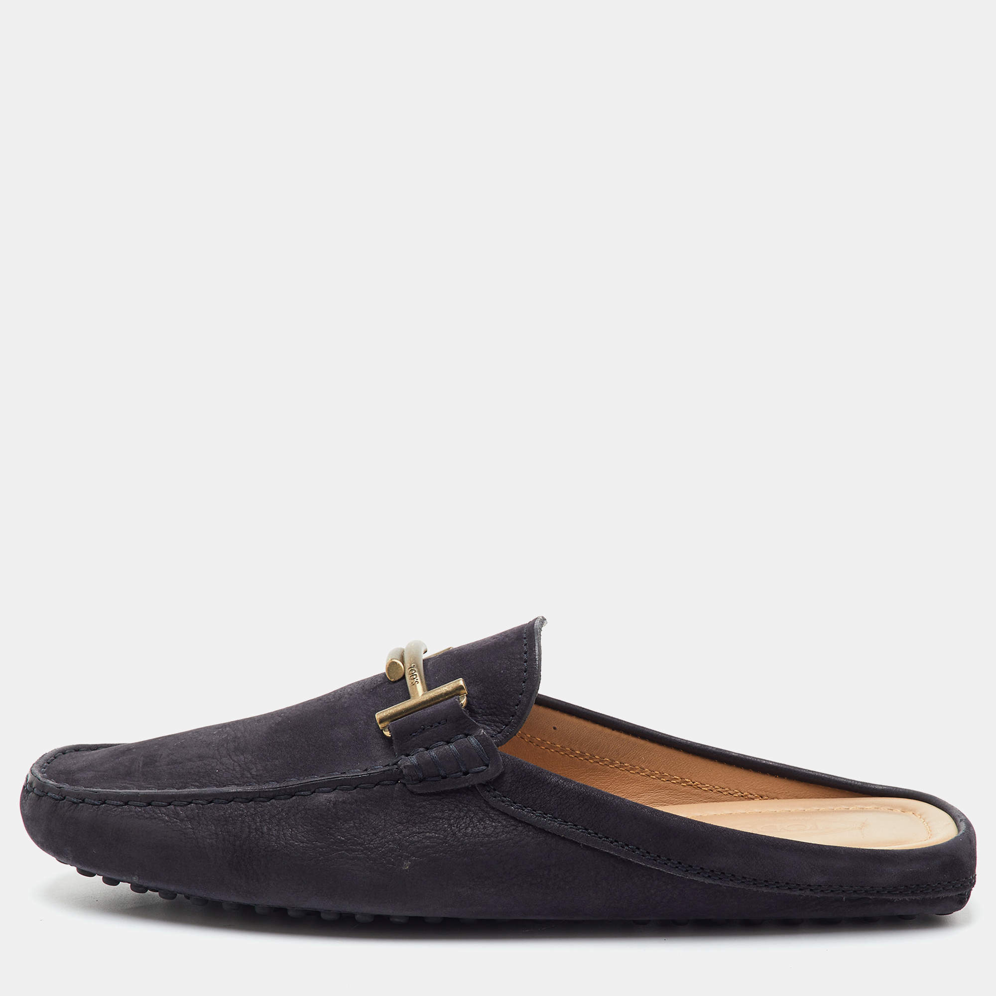 Pre Owned Tod's Double T Size 41 Navy Blue Leather Flat Mule Loafers