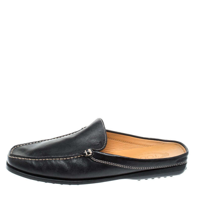 Tod's Black Leather Flat Loafer Mules 